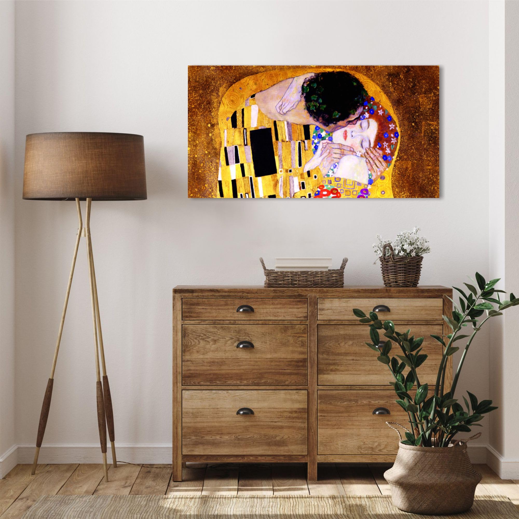 Quadri L&C ITALIA Quadro Il Bacio di Klimt per Camera da Letto e Soggiorno 90x45 Stampa su Tela Canvas Abbraccio Amanti Riproduzione Autori Famosi Capezzale Orizzontale Grande