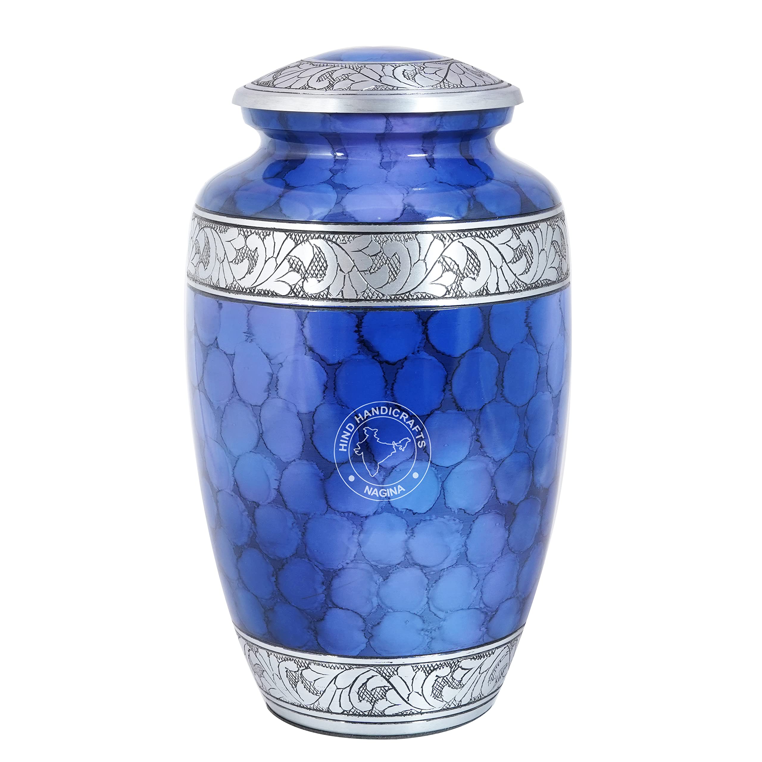 Floral Silver Engraved Cremation Urn for Human Ashes Adult - Handcrafted Funeral Memorial Ashes Urn - Large Columbarium Urn - Bag Included - 200 Cubic Inches (Cloud Blue)