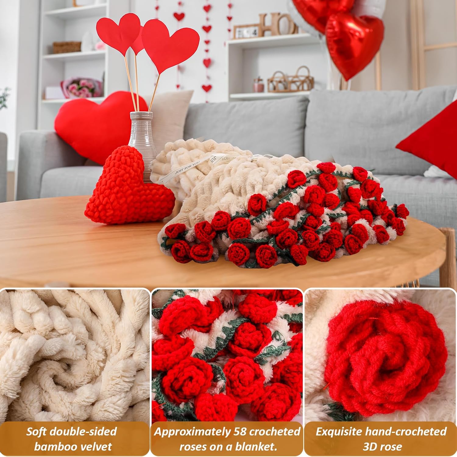 59 Inch Crochet Flowers Bouquet Rose Blanket with Gift Bag Handmade Knitted Throw Blanket Soft Lightweight Romantic Gifts for Valentines, Mother's Day, Birthday, Wedding(Red) - Image 3