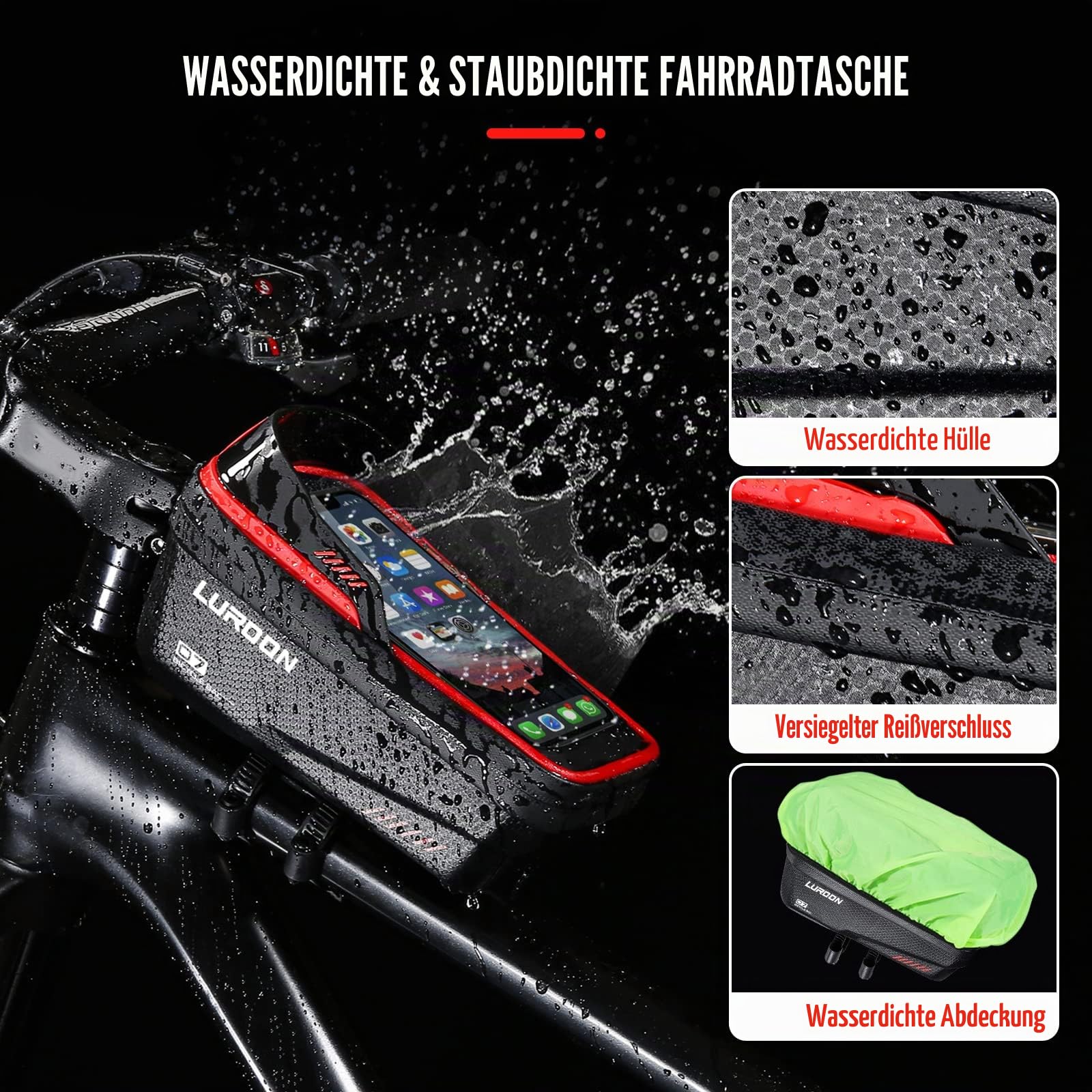 LUROON Fahrradhalterung Handy Halterung Halter Wasserdicht Fahrradlenker Tasche Fahrradtasche mit Regenhaube Fahrrad Rahmentasche Lenkertasche Handytasche für Smartphone bis zu 6.9 Zoll (Rot)