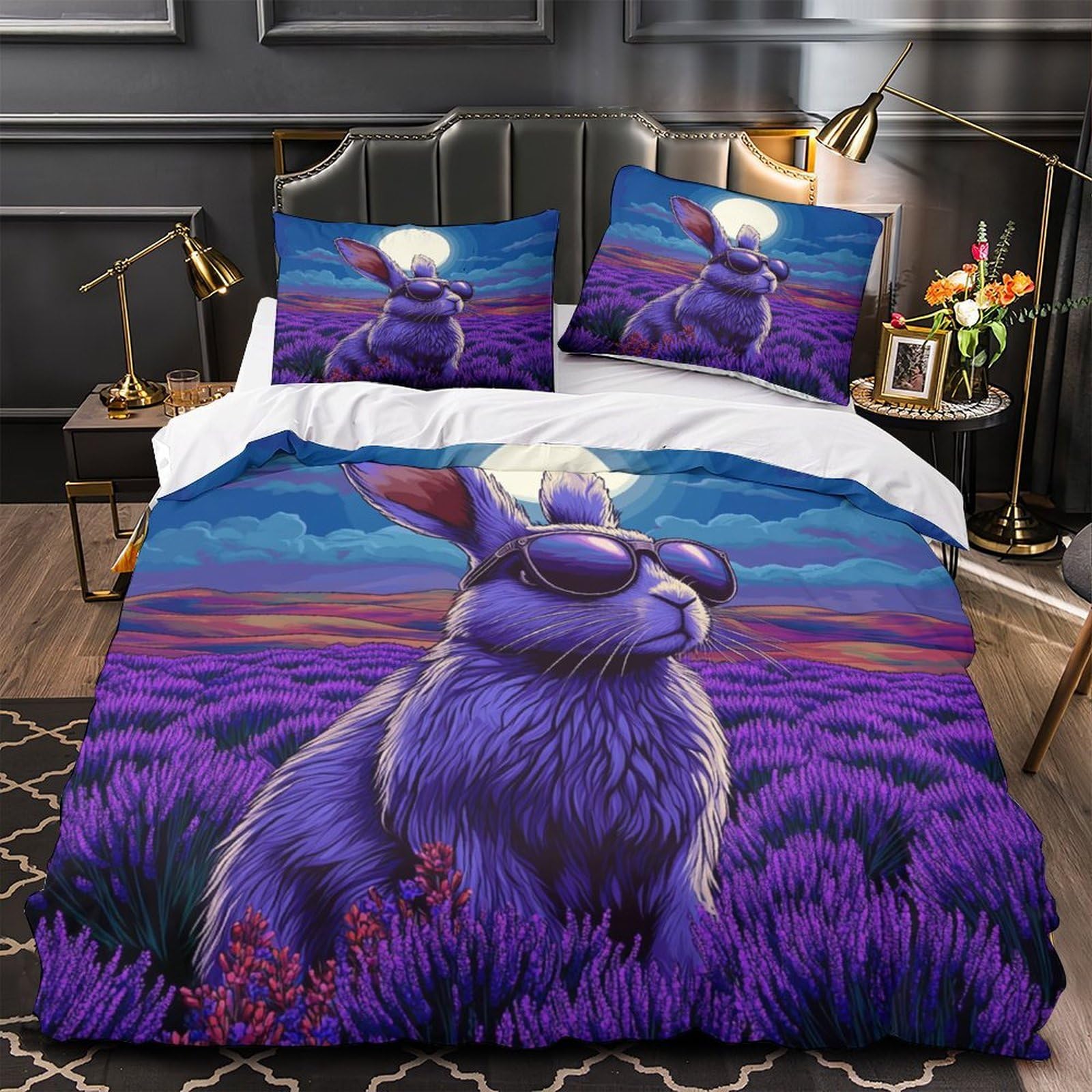 Housse de couette lapin lunettes 260x220 cm avec 2 taies d'oreiller
