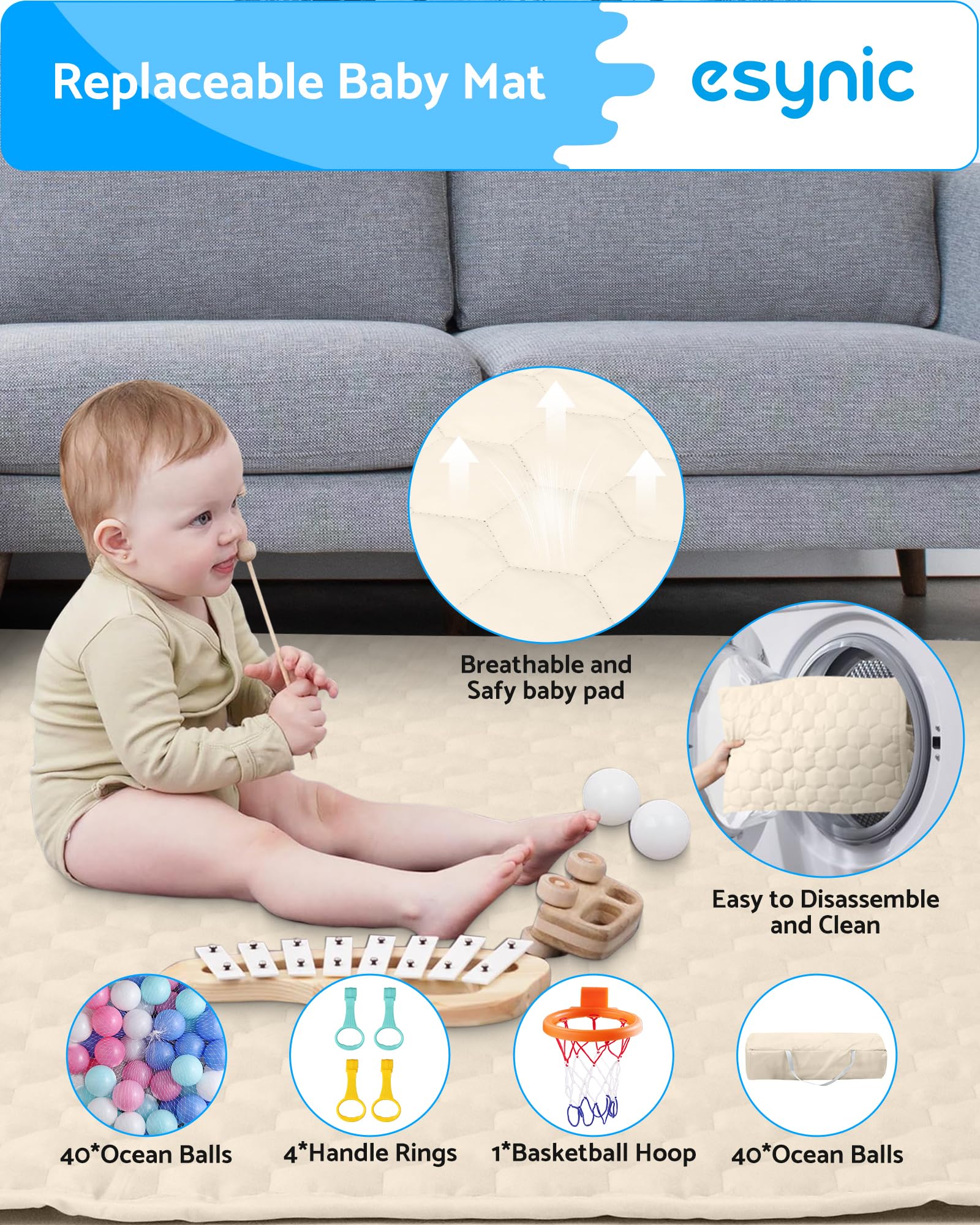 eSynic Parque Bebé Plegable 127x127cm Corralito Bebé Grande Playpen Bebé Interior Exterior Centro Actividades con Colchoneta Acolchada 50 Bolas Piscina Estructura Metal Asas y Canasta Portátil Beige