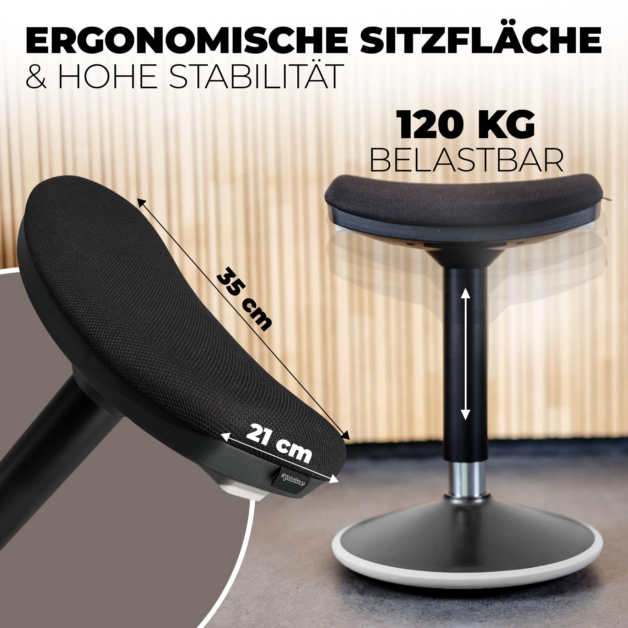 Ergonomischer Bürohocker [2 Sitzpositionen] höhenverstellbarer Sattelhocker [43–63 cm] Sitzhocker für aktives Sitzen | Rutschfester Standfuß