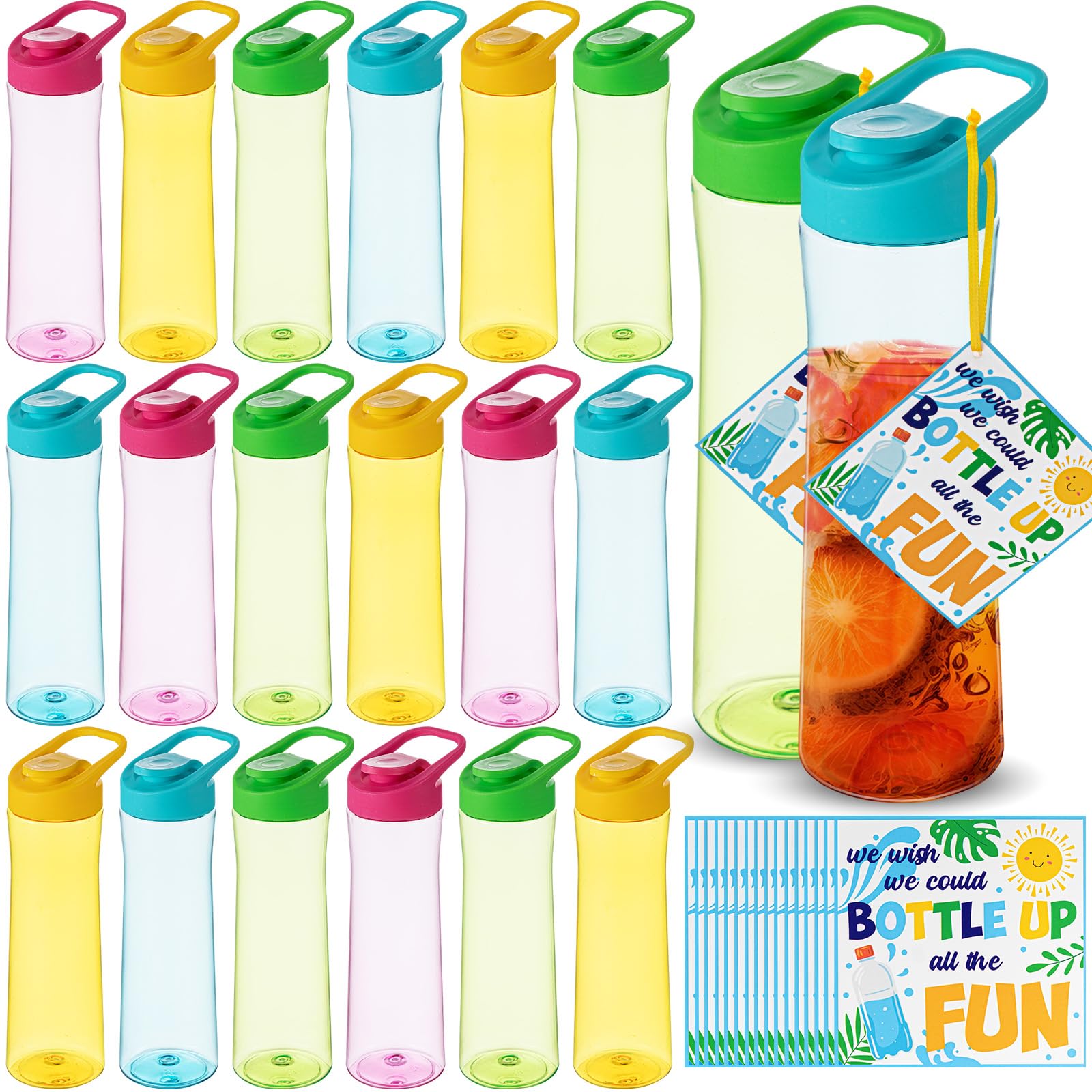 Sunnychicc 18 Pack End of the Year Gifts Water Bottles Bulk 22oz Portable Sports Water Bottle Summer Colorful Drink Bottles with Cards for Summer