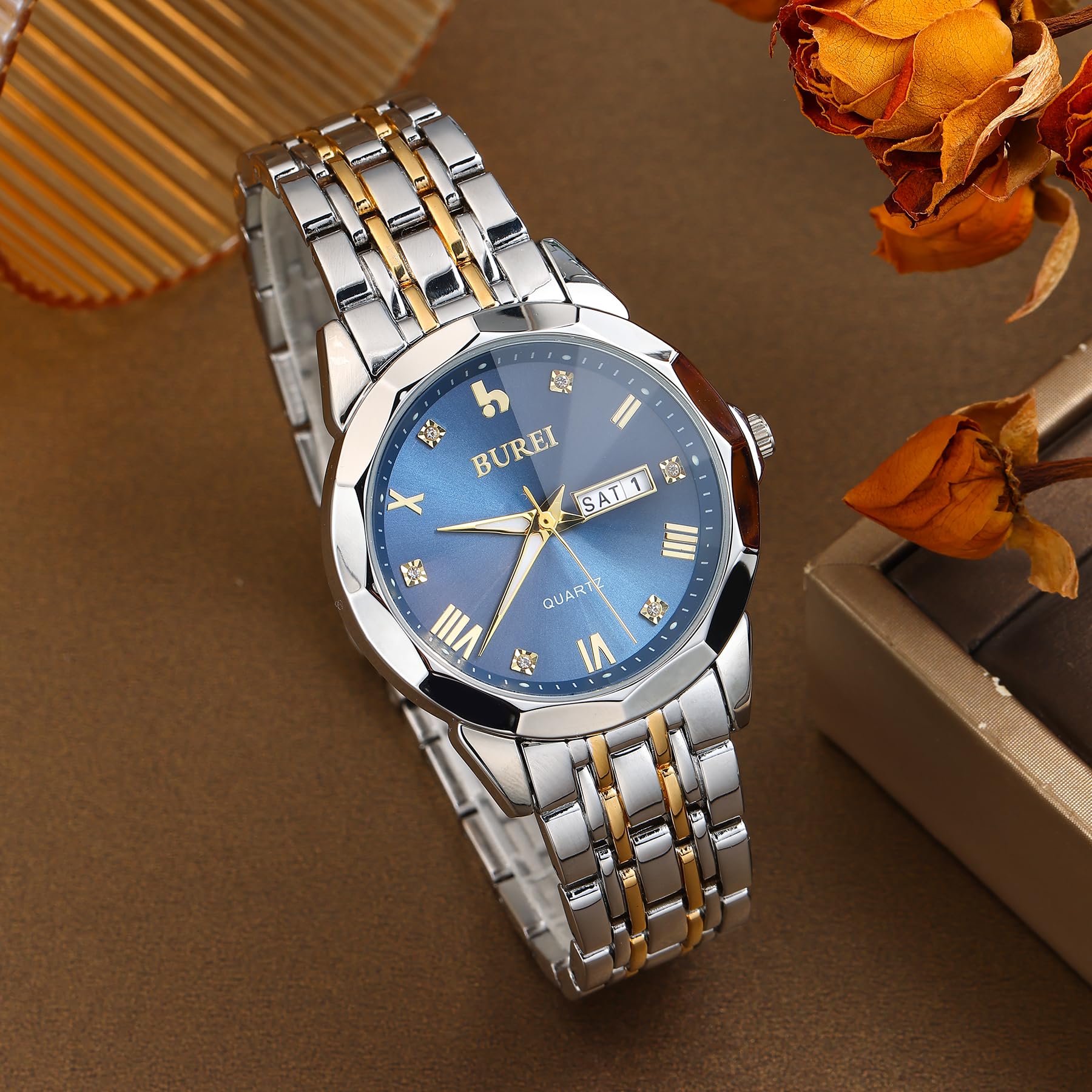 BUREI Herrenuhr Simulation Quarz Band Diamant Edelstahl Uhr Kalender Datum wasserdichte Luxus Business Freizeit Mode Uhr