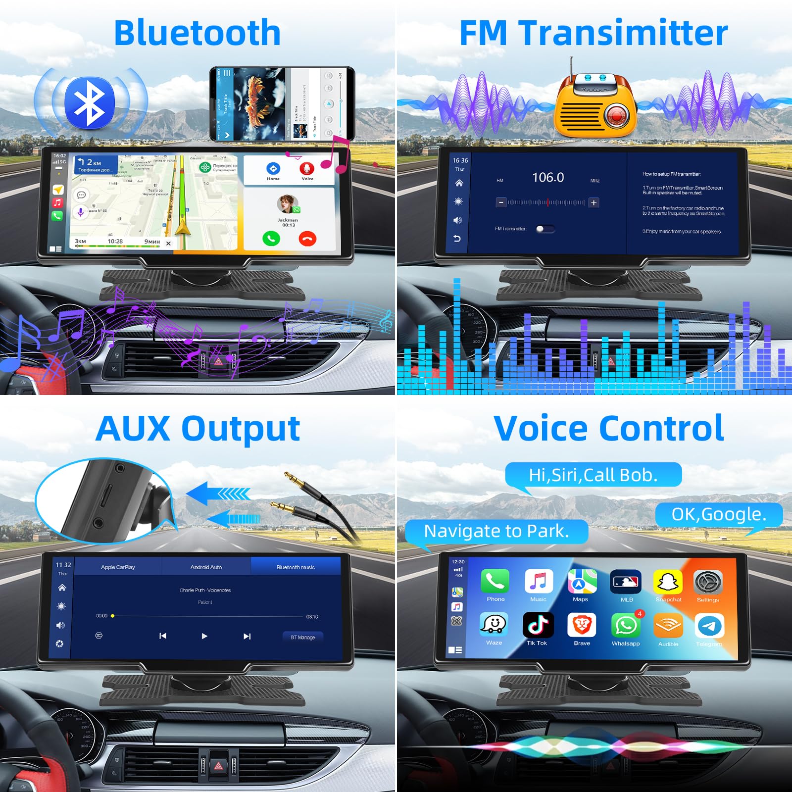 Podofo 10,26 Pollici Portatile Autoradio con Wireless A-pple Carplay & Android Auto Tocuchscreen，7-32V Monitor con A-pple Airplay/Assistente Vocale/Bluetooth/Trasmettitore FM/AUX/TF Card