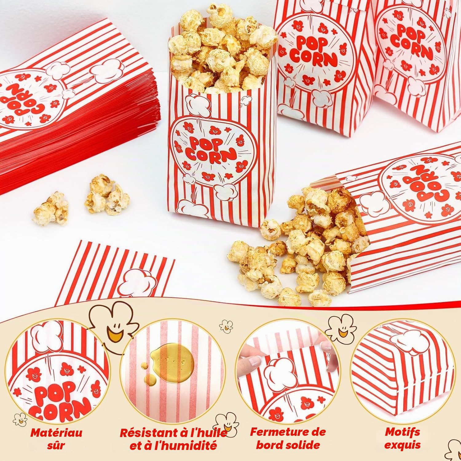Votoko 250 Pièces 9 x 6 x 21cm Cinéma Sachet Pop Corn, Popcorn Boîtes Rouge Blanche Rayé, Pot Popcorn, Candy Bags, Snacks Container pour Les Fêtes, Anniversaires, Soirées Cinéma Carnival
