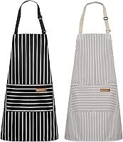 Syntus 2-Pack Adjustable Polycotton Kitchen Aprons for Men Women Chefs - 2 Pockets, Striped, Machine Washable