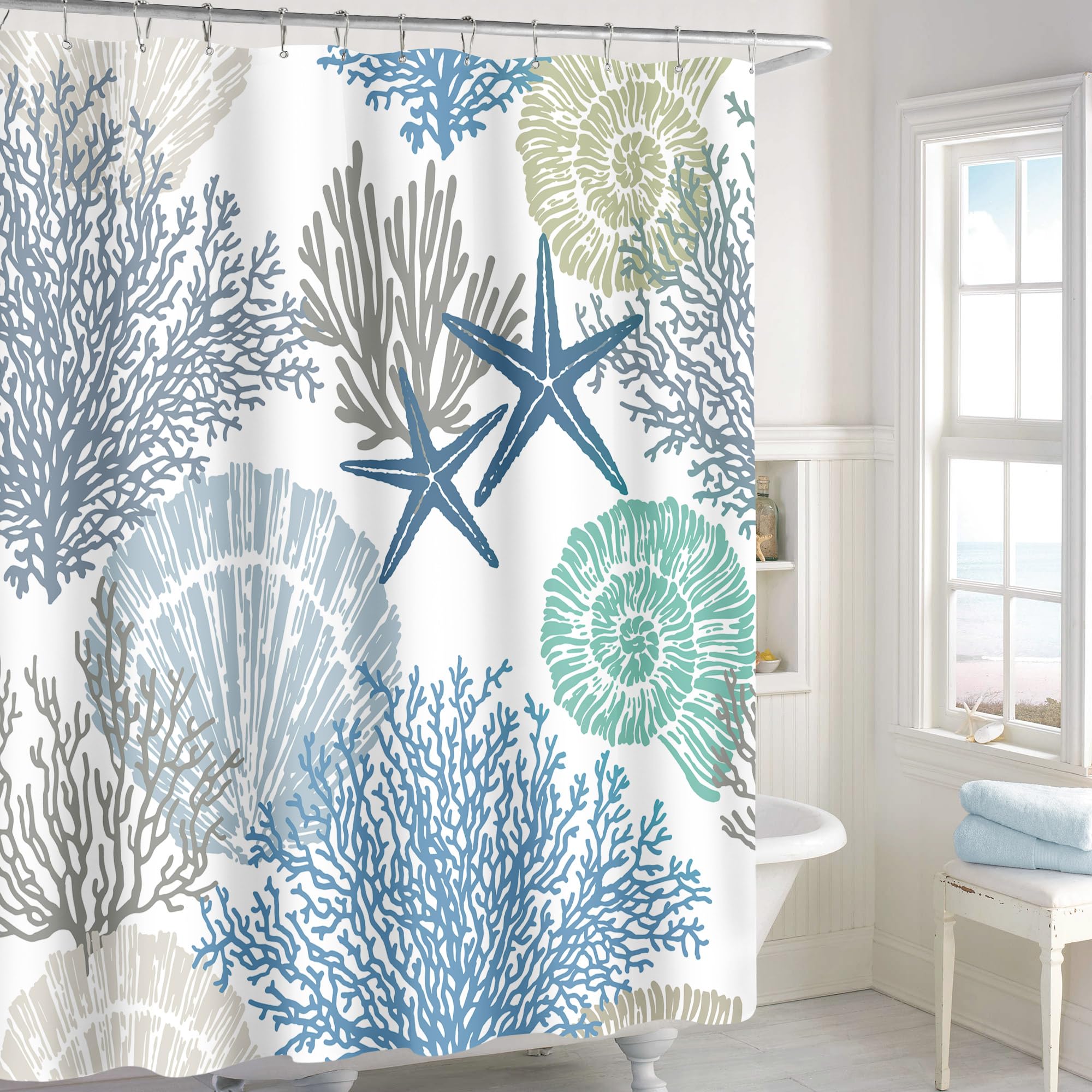 MAYZUS Nautical Coastal Shower Curtain, Beach Ocean Theme Shower Curtain for Bathroom Decor, Summer Tropical Seashell Starfish Coral Fabric Shower Curtain Set with Hooks, Blue, 72x72