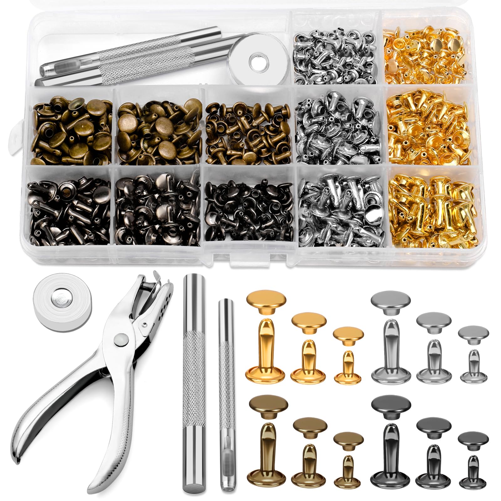 Reovin Leather Rivets Set, 240 Set, 3 Sizes, Double Cap Rivets with Leather Hole Punch, Installation Tools, 4 Colours, Leather Rivets, Hollow Rivets for Leather Crafts, Dress Decoration and Repair-image-26