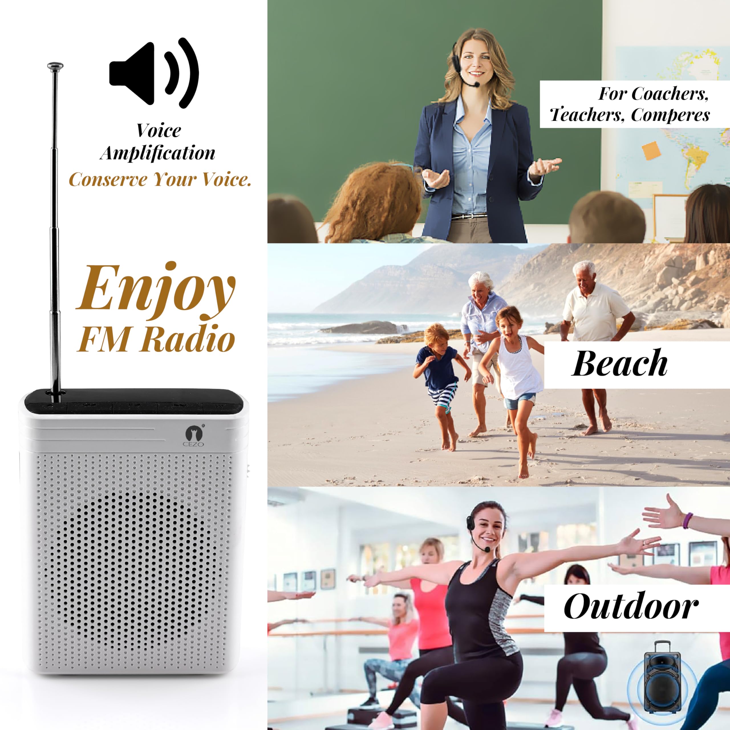 CEZO Voice Amplifier with UHF Wireless Microphone Headset Rechargeable Mic with Speaker Voice Amplifire for Teachers Training, Meeting, Tour Guide, Yoga, Classroom -White - Image 4 thumbnail
