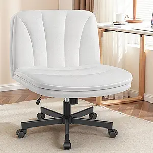 FelixKing Criss Cross Chair with Wheels, Cross Legged Office Chair, Armless Wide Vanity Desk Chair with Comfty Velvet & Back - Swivel Height Ajustable for Home Office Bedroom, Pearl White Velvet