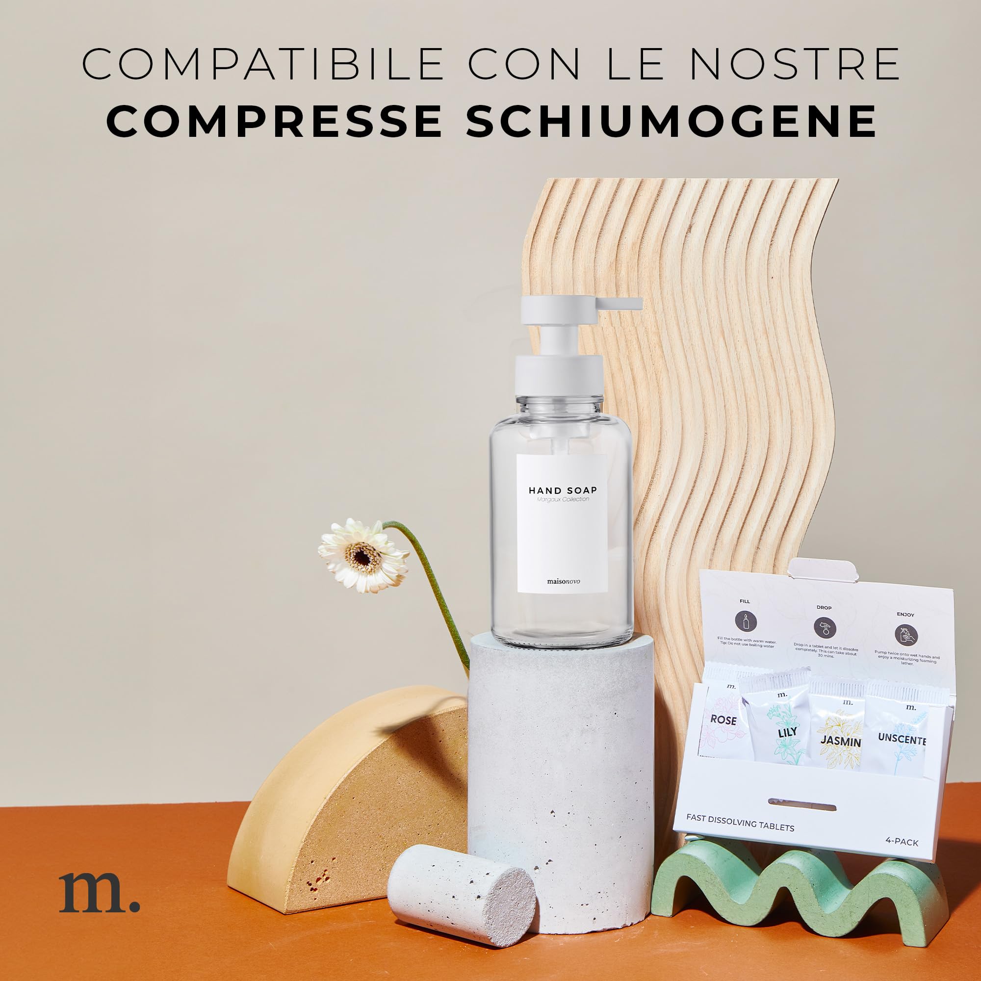 MaisoNovo Dispenser di sapone schiumogeno in vetro da 400 ml | Dosatori in plastica bianca e vetro trasparente x 2 | Dispenser Sapone Schiuma