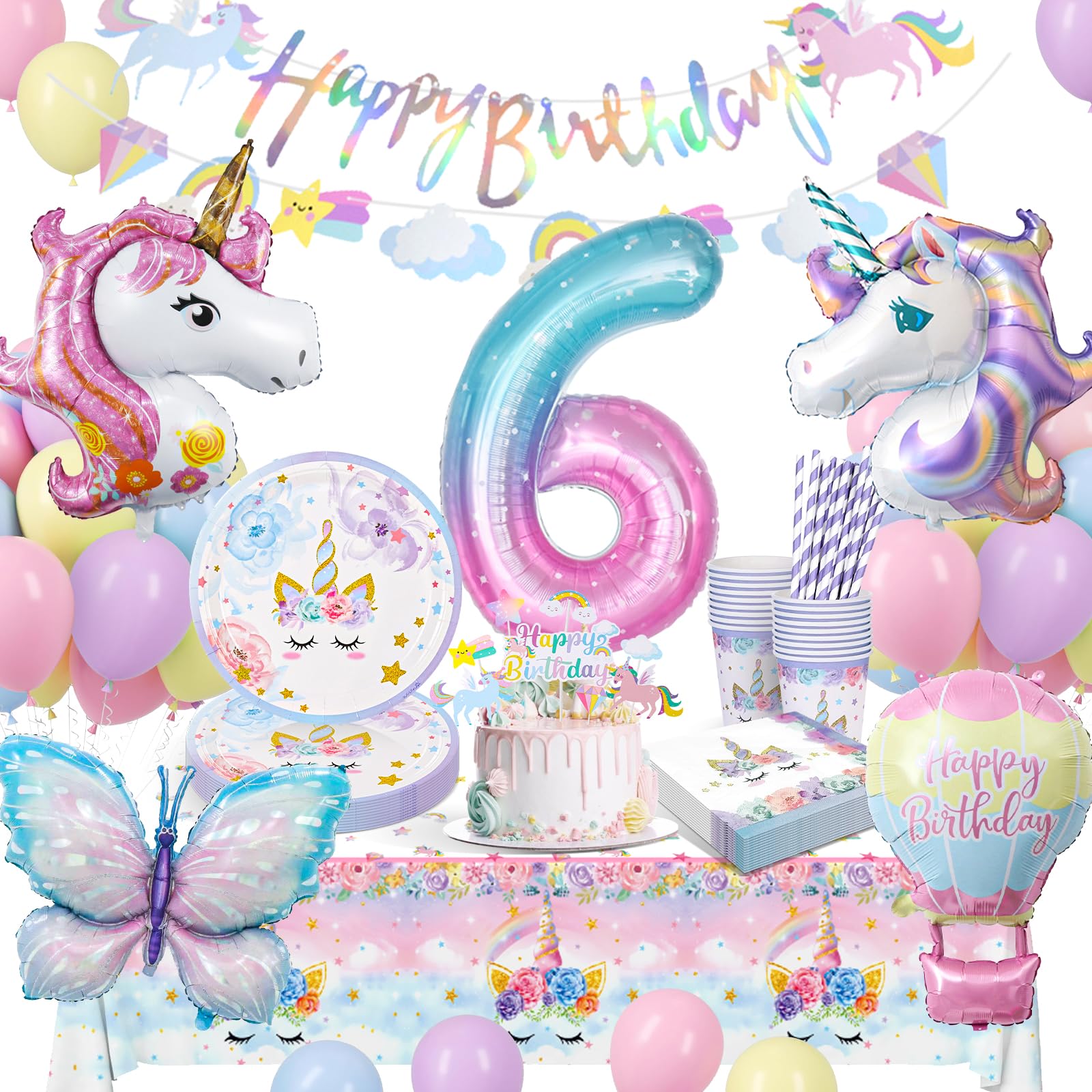 Stoviglie per Feste, Unicorno Palloncini Decorazioni Compleanno 6 Anni con Farfalla Palloncini, Decorazioni Unicorno Compleanno per 6 Anni Ragazze 16 Ospiti