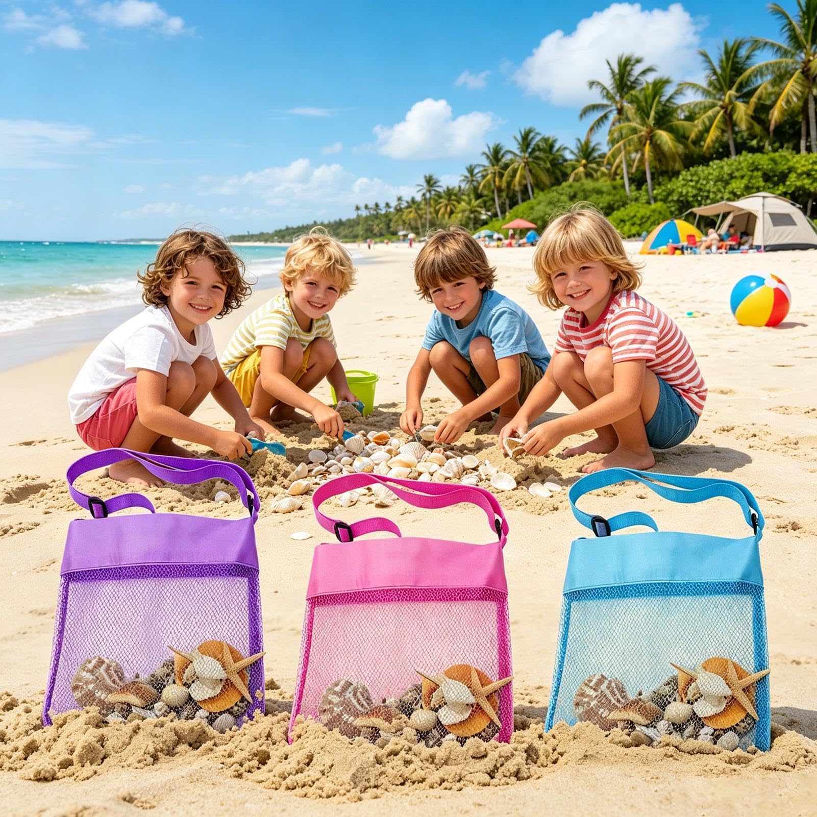 Générique Sac De Plage pour | 3 Pochettes À Coquillages | Filet À De Piscine avec Sangles Réglables | pour des Pique-Niques en Plein Air, Camping, Voyage, Vacances, Lac Et Piscine