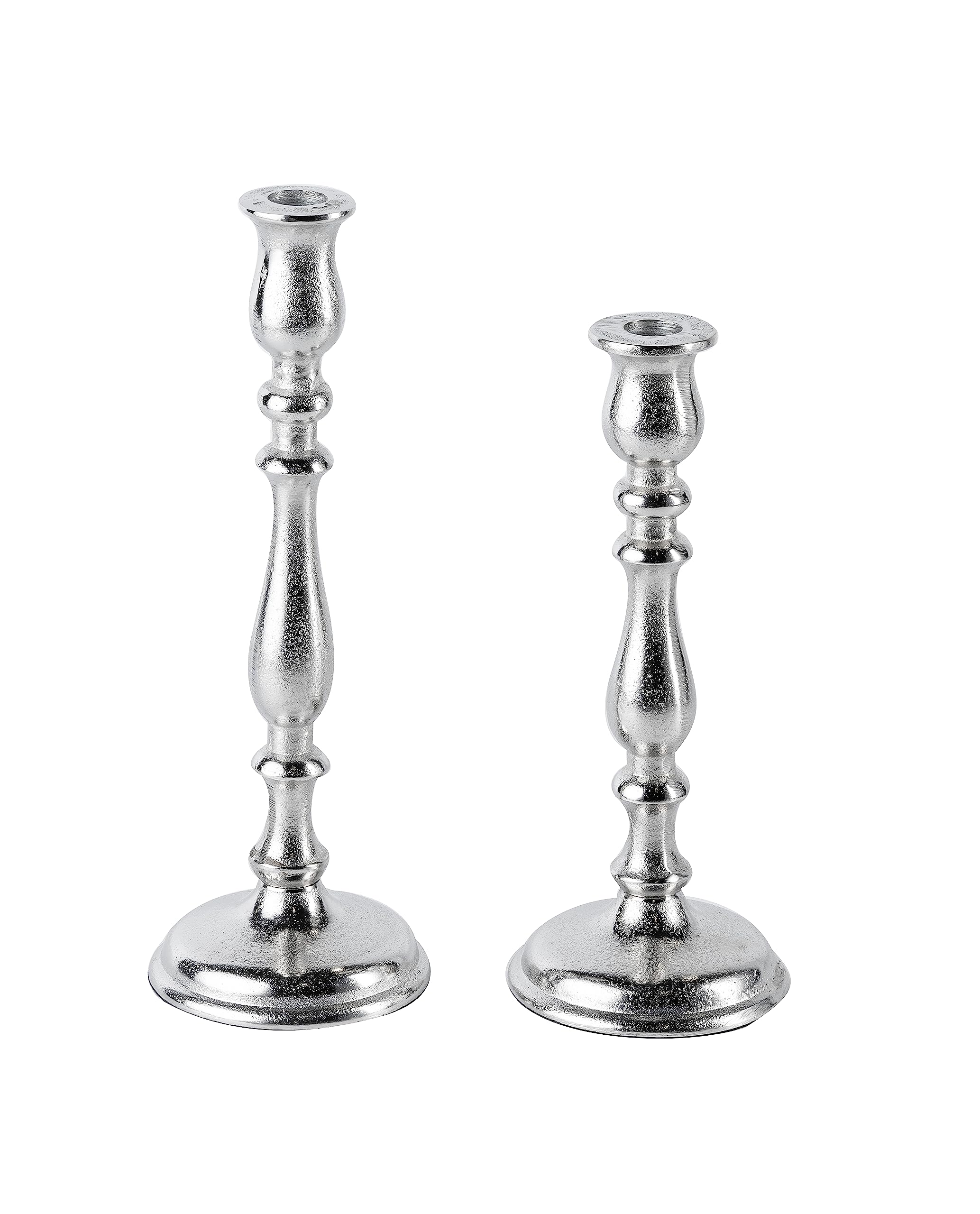 2er Set Kerzenständer Kerzenhalter Aluminium Silber Deko - Kerzenleuchter Modern für Stabkerzen - Tischdeko Hochzeit - Dekoration Wohnzimmer - H 27 und 32 cm