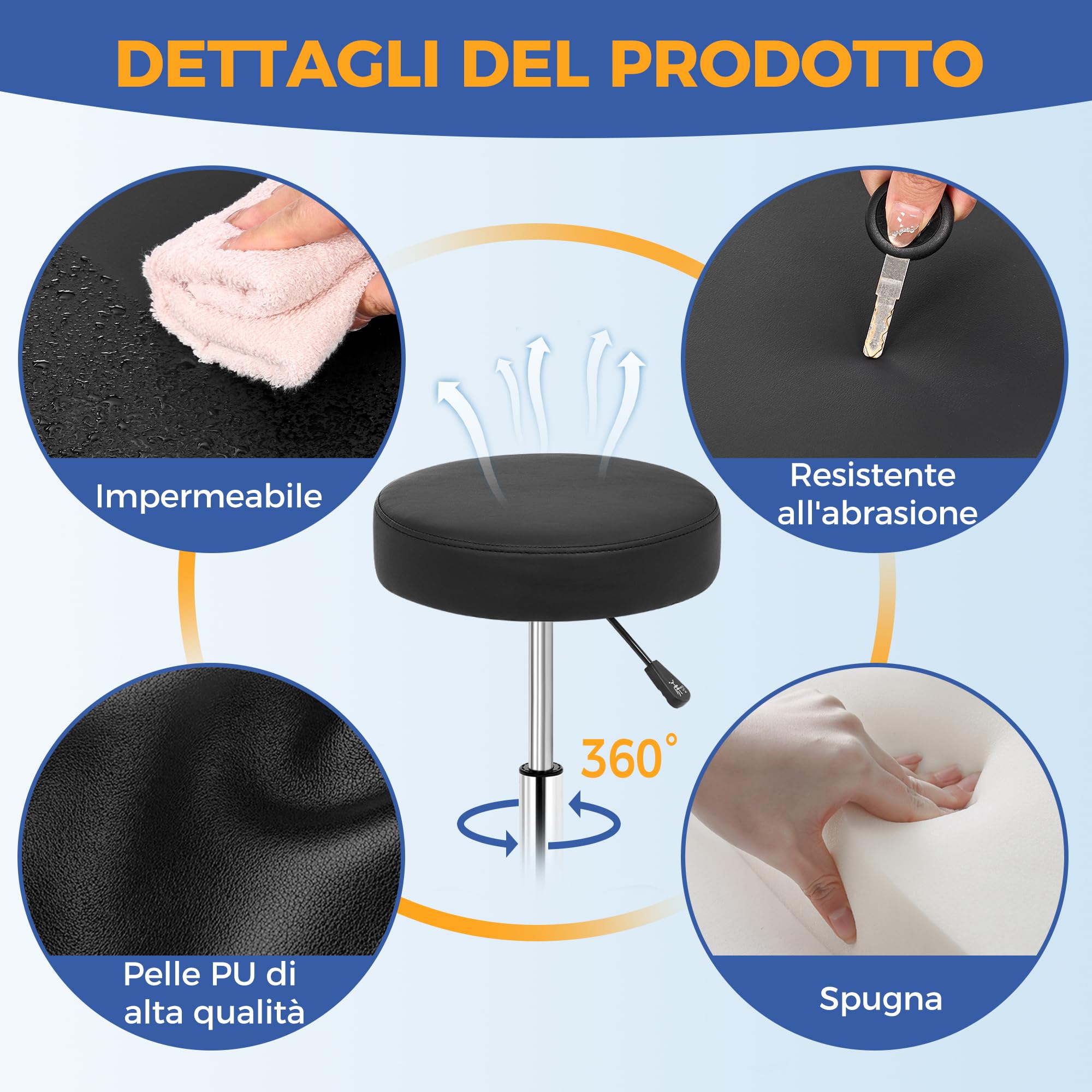 ANWBROAD Sgabello con Ruote Sgabello Regolabile in Altezza girevole a 360° | Sgabello da Lavoro con Portata fino a 205 kg per Spa Salone, Massaggi e Cliniche Nero WSC001B