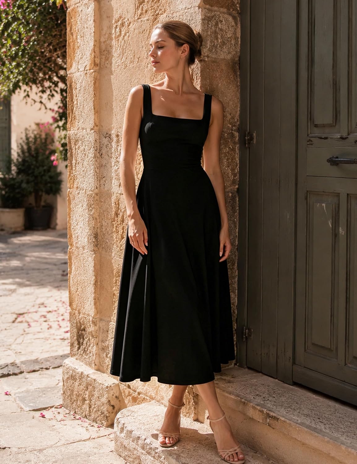 OYS Women's Casual Sleeveless Square Neck A-Line Solid Slim Flowy Long Corset Dress with Pockets