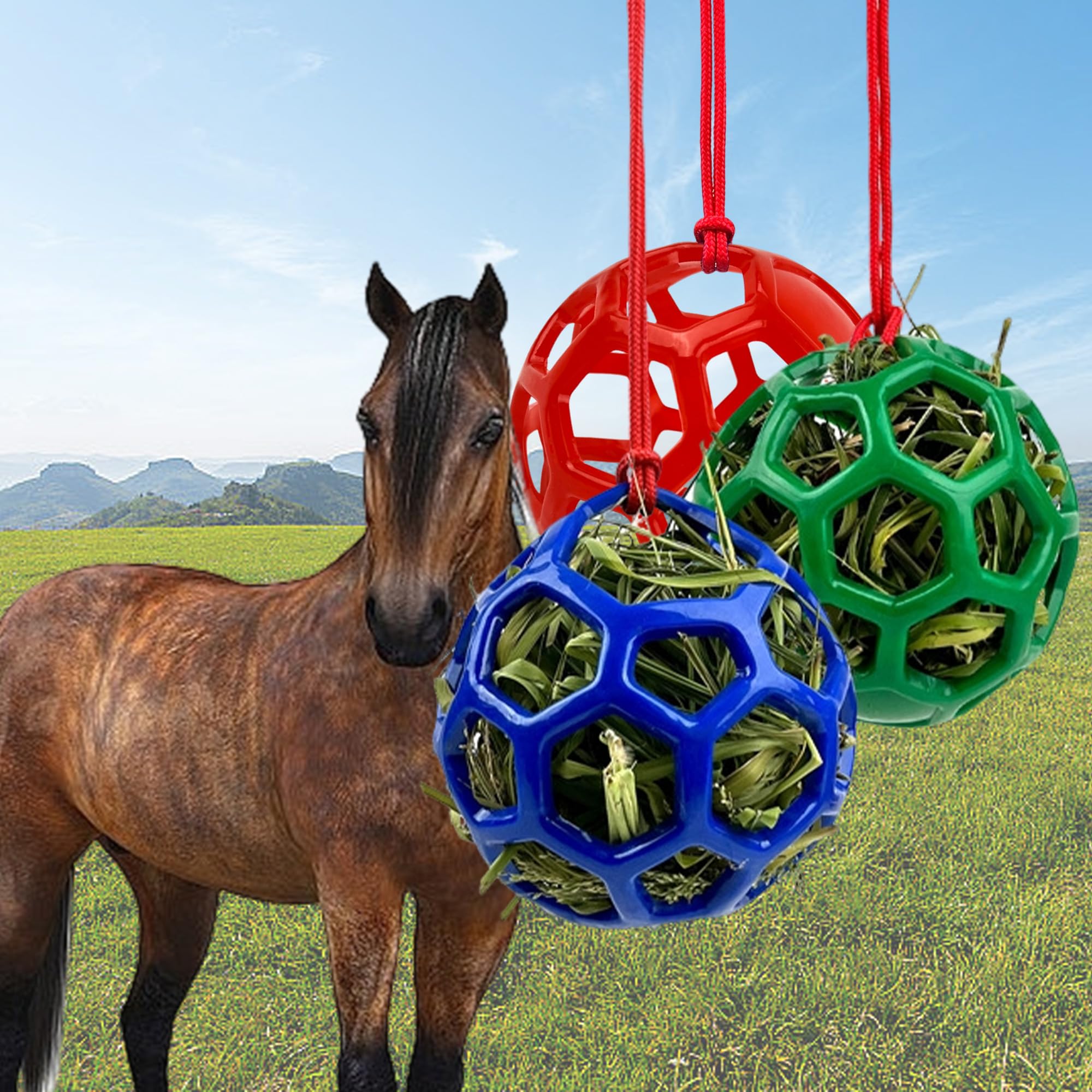 QSLKI 3PCS Jolly Hay Ball Stall Toy for Horses Horse Treat Ball Hay Feeder Holder Hanging Slow Feeding Toy with Rope