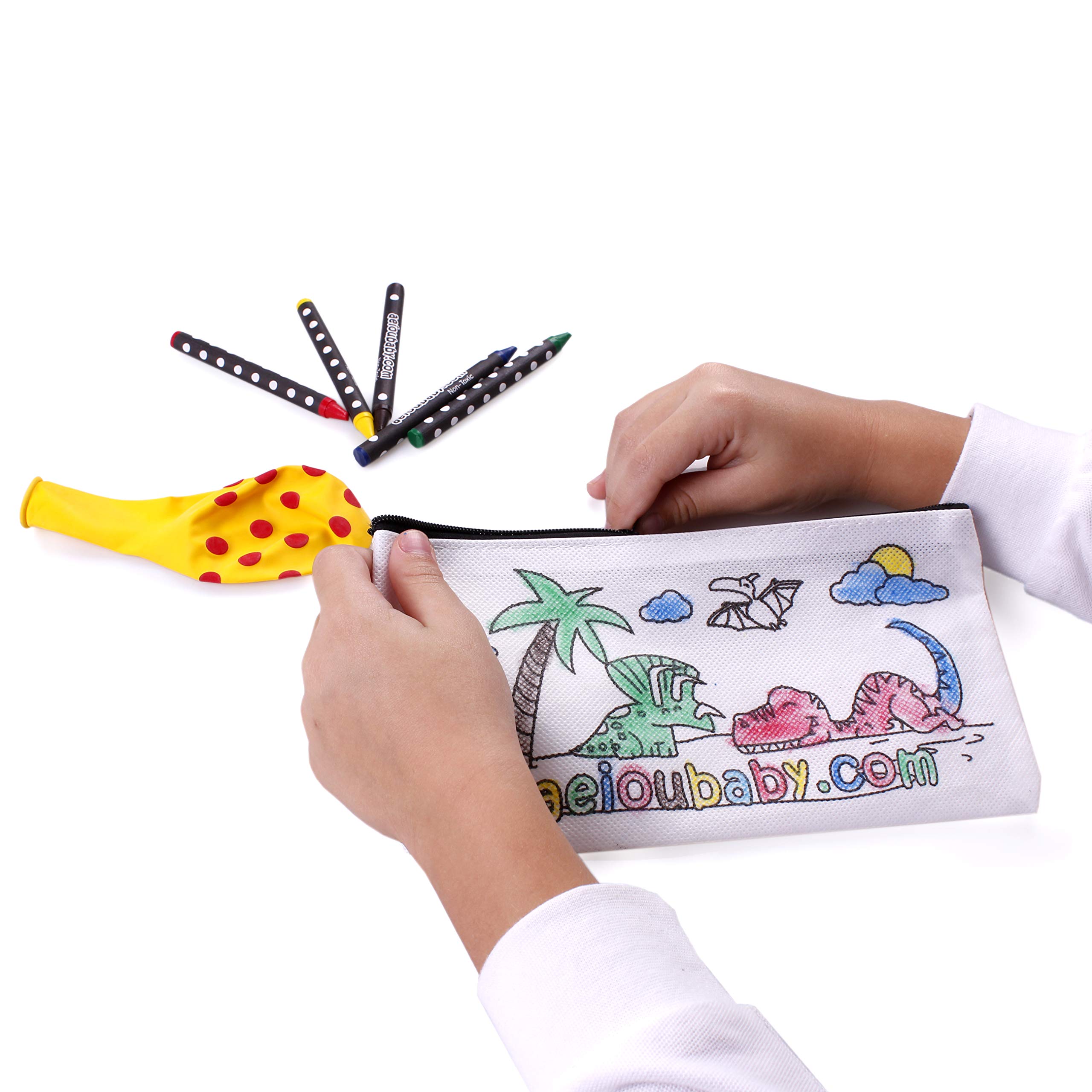 aeioubaby.com Estuches para colorear (Dinos) | 25 Bolsas individuales con 5 ceras de colores y globo. Incluye bolsa reutilizable | Regalos de cumpleaños y fiestas infantiles | Creatividad para niños