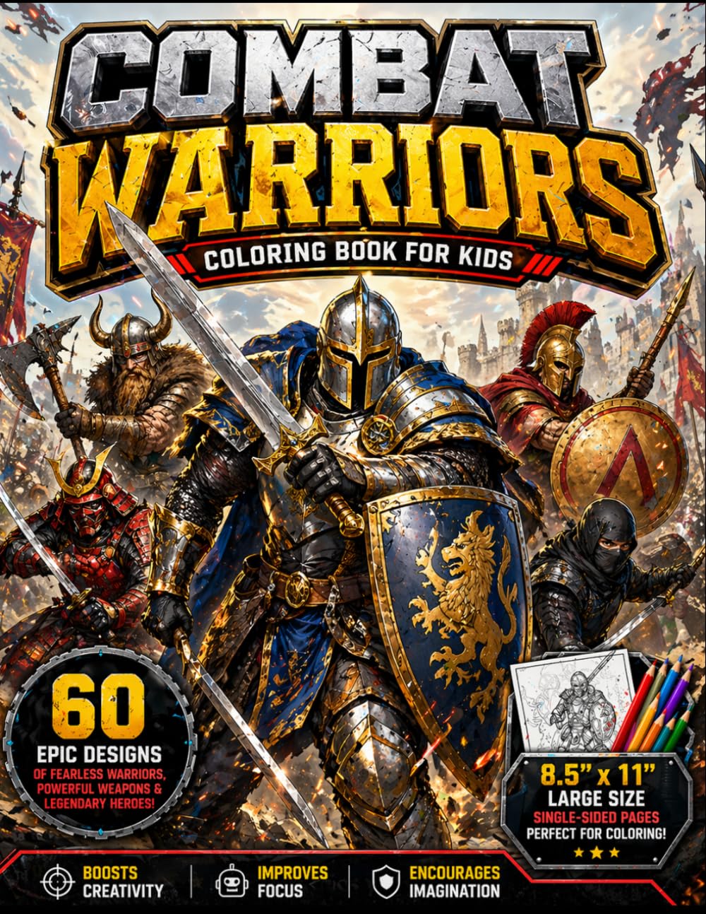 Combat Warriors Coloring Book for Kids: 60 Epic Fighters, Powerful Weapons and Legendary Battle Heroes. Action-Packed Coloring Book for Kids – 60 Fearless Warriors, Swords, and Shields