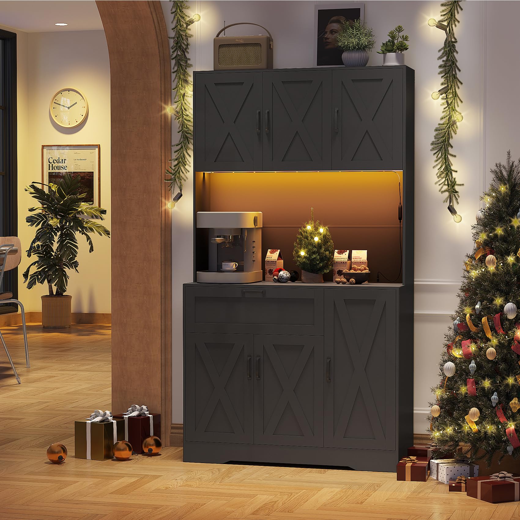 71" Kitchen Pantry Cabinets with Hutch - Freestanding Pantry Cabinet with Drawer, Adjustable Shelves, LED Light &amp; Power Outlets for Kitchen, Dining Room, Living Room (Black)