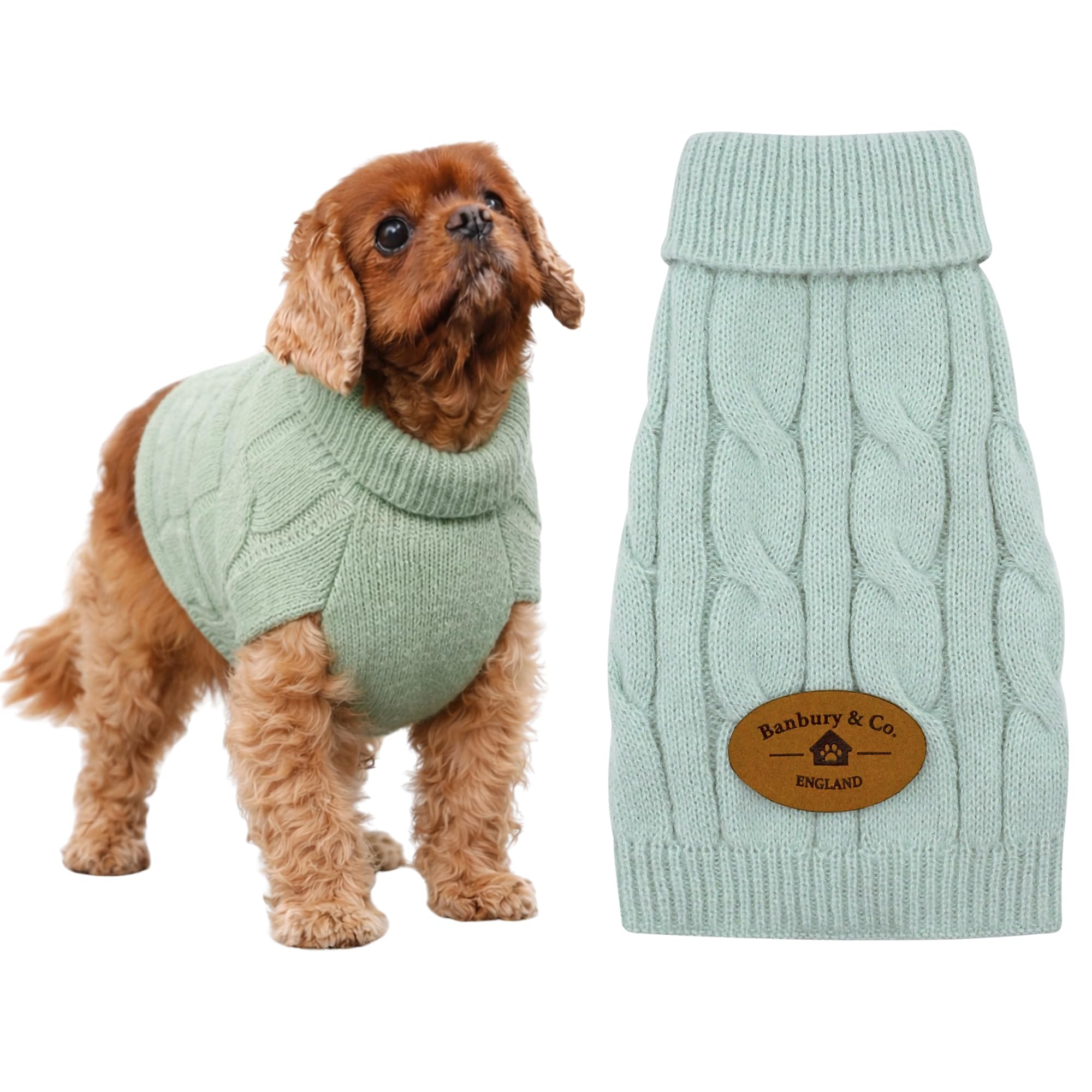 Banbury & Co Turtleneck Dog Jumper Warm Cable Knit Sweater, Seafoam, XS