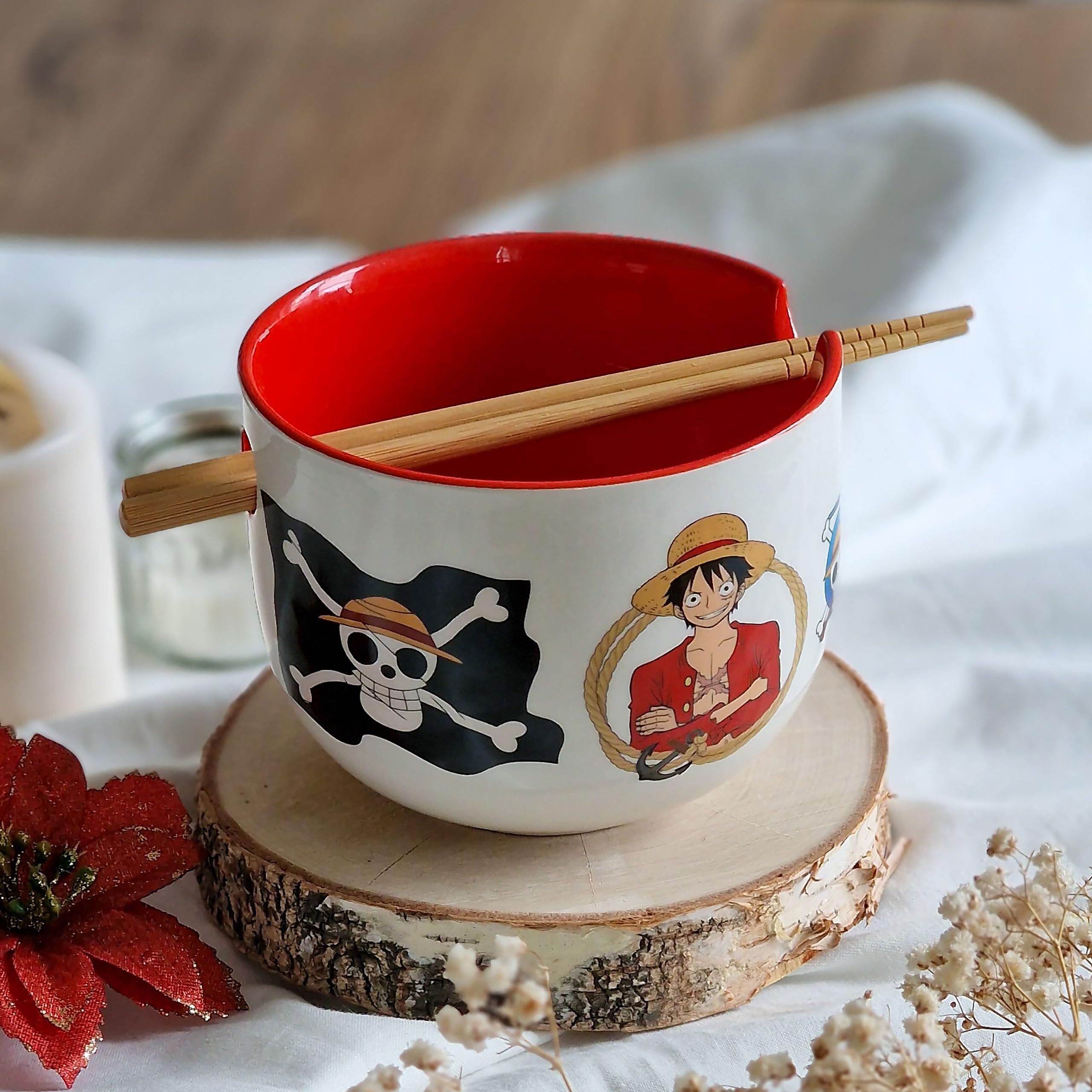 Elbenwald - One Piece - Monkey D. Luffy Ramen - Cuenco con palillos (500 ml, cerámica), color blanco
