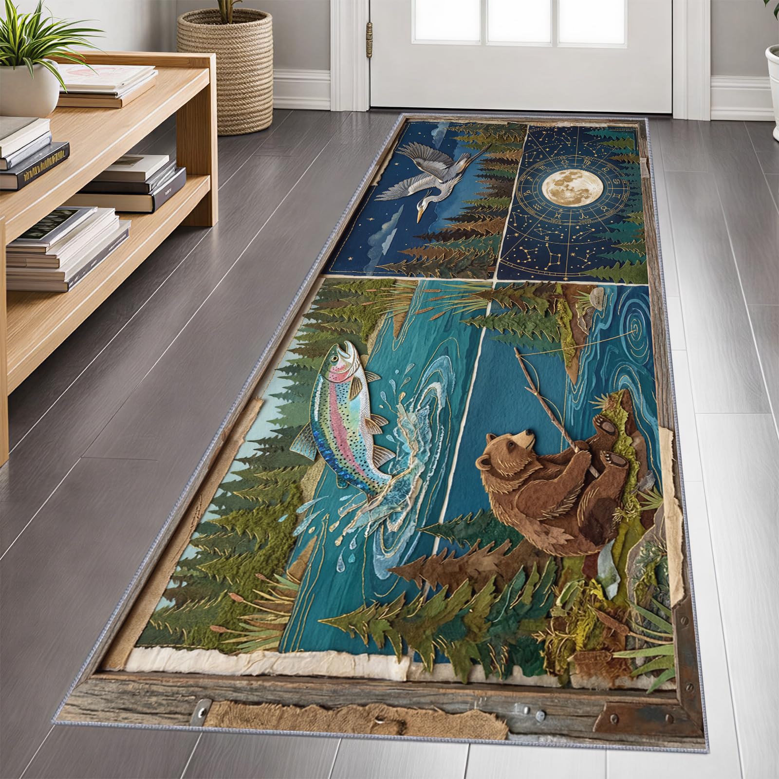 Bear Carpet Runner 60x150cm, Forest Hunting Theme Runner Rug for Hallway, Constellation Long Carpet, Low Pile Non Slip Machine Washable Rug for Entryway Laundry Bathroom Decor Floor Mat