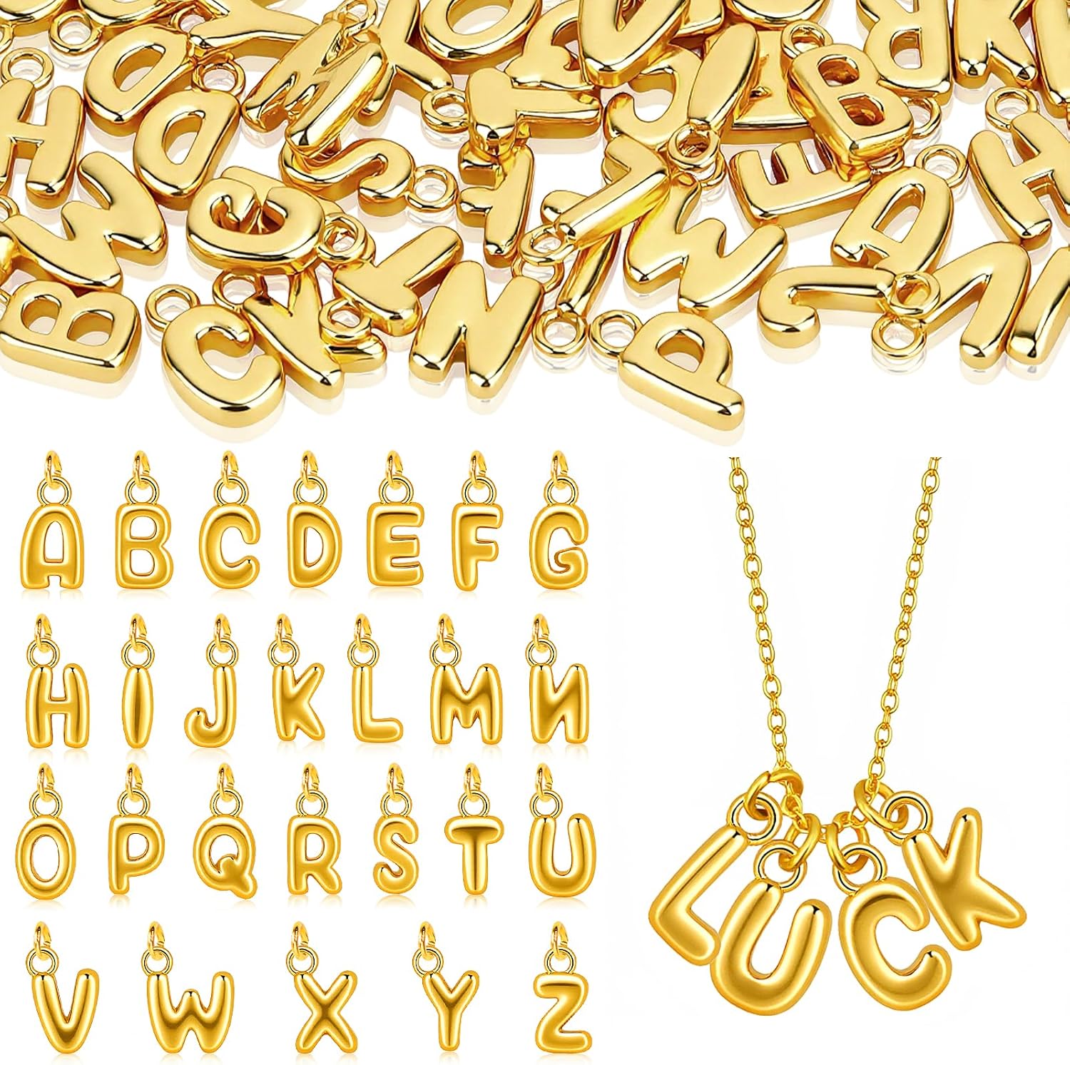 SelfTek 52Pcs 18K Gold Filled A-Z Alphabet Letters Charms for Jewelry Making, Gold Letter Charm Pendant Beads,3D Bubble Glitter Letters Charms DIY Bracelets & Necklaces with 130Pcs Jump Rings for Jewelry Making & 2 Bracelets