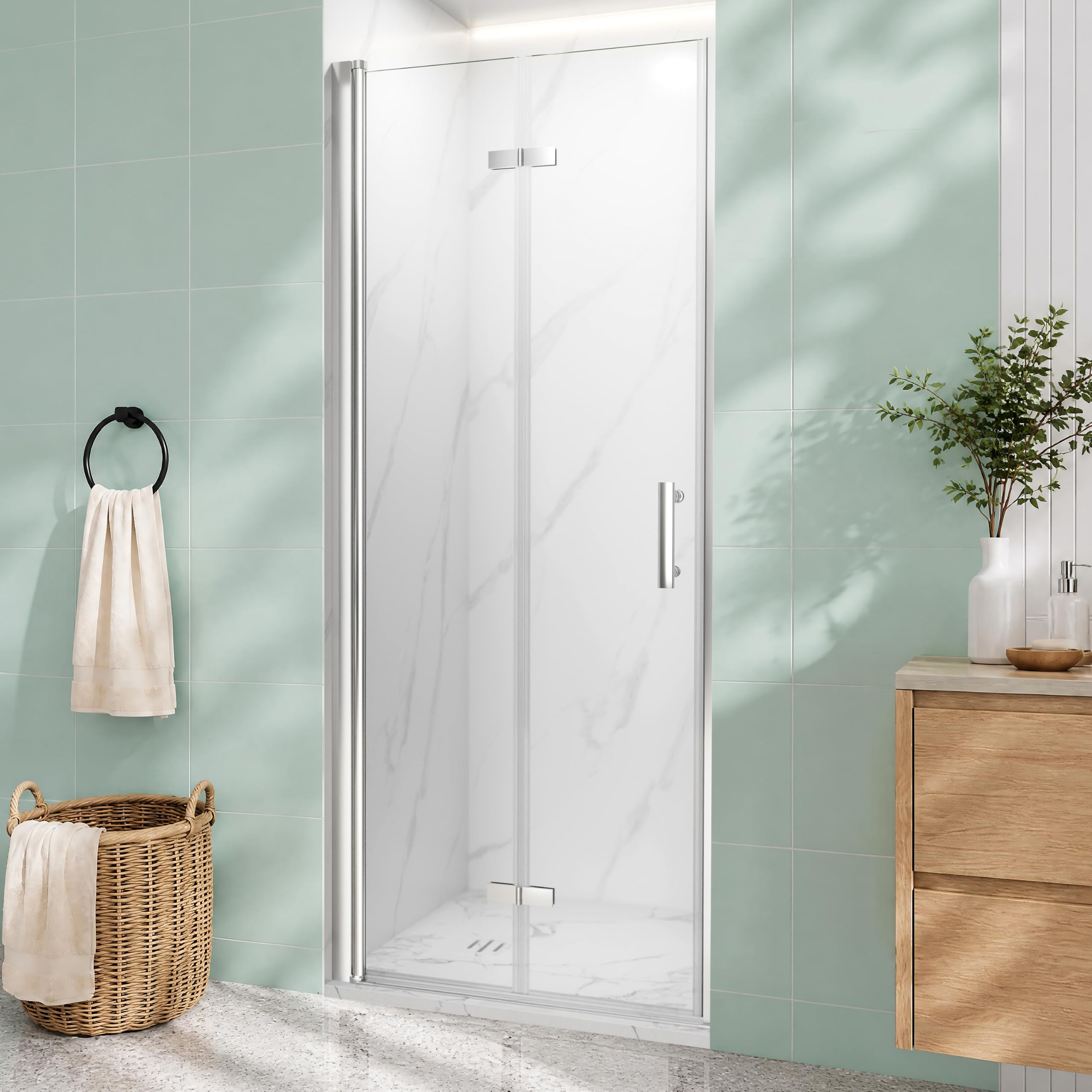 i-Homare 860mm Bifold Shower Door 6mm Easy Clean Toughened Safety Glass Space Saving Inward Outward Folding Bathroom Enclosure Reversible Hinged Pivot Door Chrome Frame
