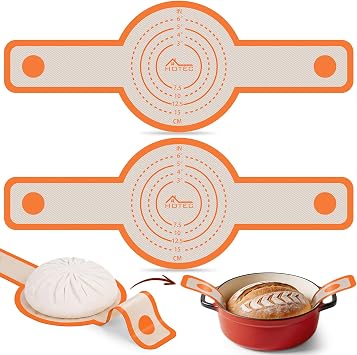 HOTEC 2 Pcs Silicone Bread Sling for Dutch Oven, 0.7MM Thickened Heat Resistant to 500F Non-Stick Baking Mat with Long Handle Easy to Transfer Sourdough Bread, Dutch Oven Liners Baking Supplies
