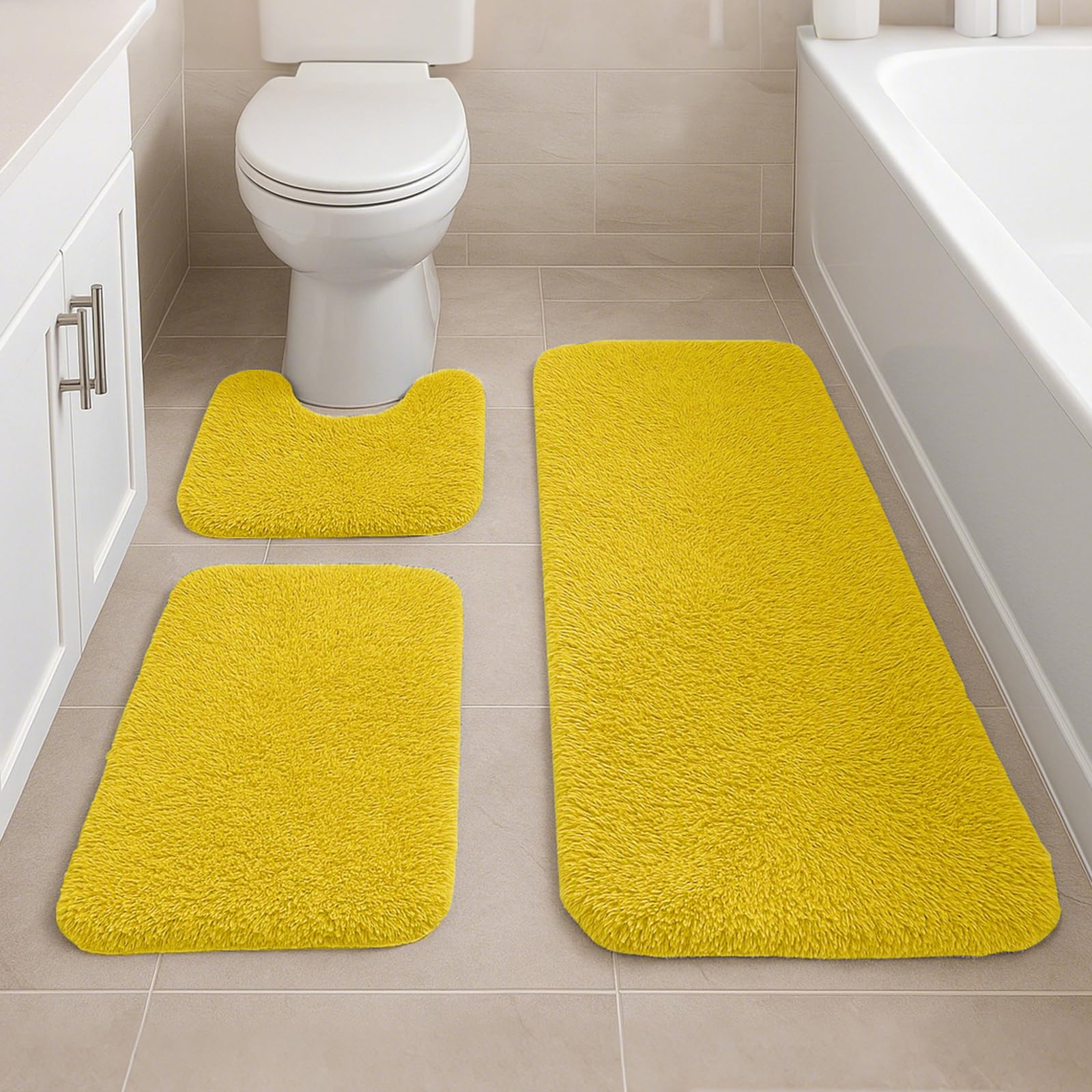 Lot de 3 tapis de bain à poils longs épais, antidérapants, doux et absorbants, parfaits pour décoration d'intérieur, 40 x 60 cm + 40 x 80 cm + 38 x 40 cm, jaune