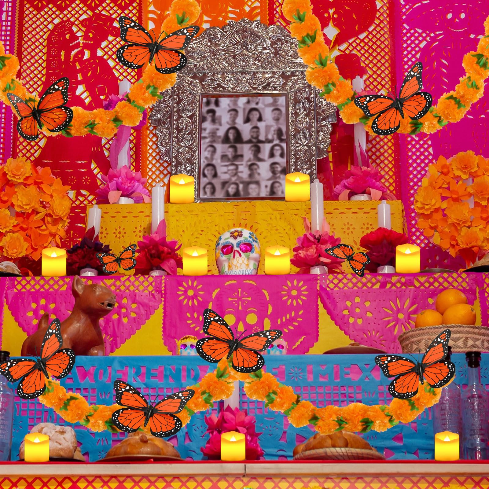 Riceshoot 20 Set Marigold Garland Decoration Day of The Dead Party Supply Include 9.8 ft Marigold Garland with Green Leaves 6 Pcs Butterfly 12 Pcs LED Candle Wedding Diwali Indian Halloween Christmas