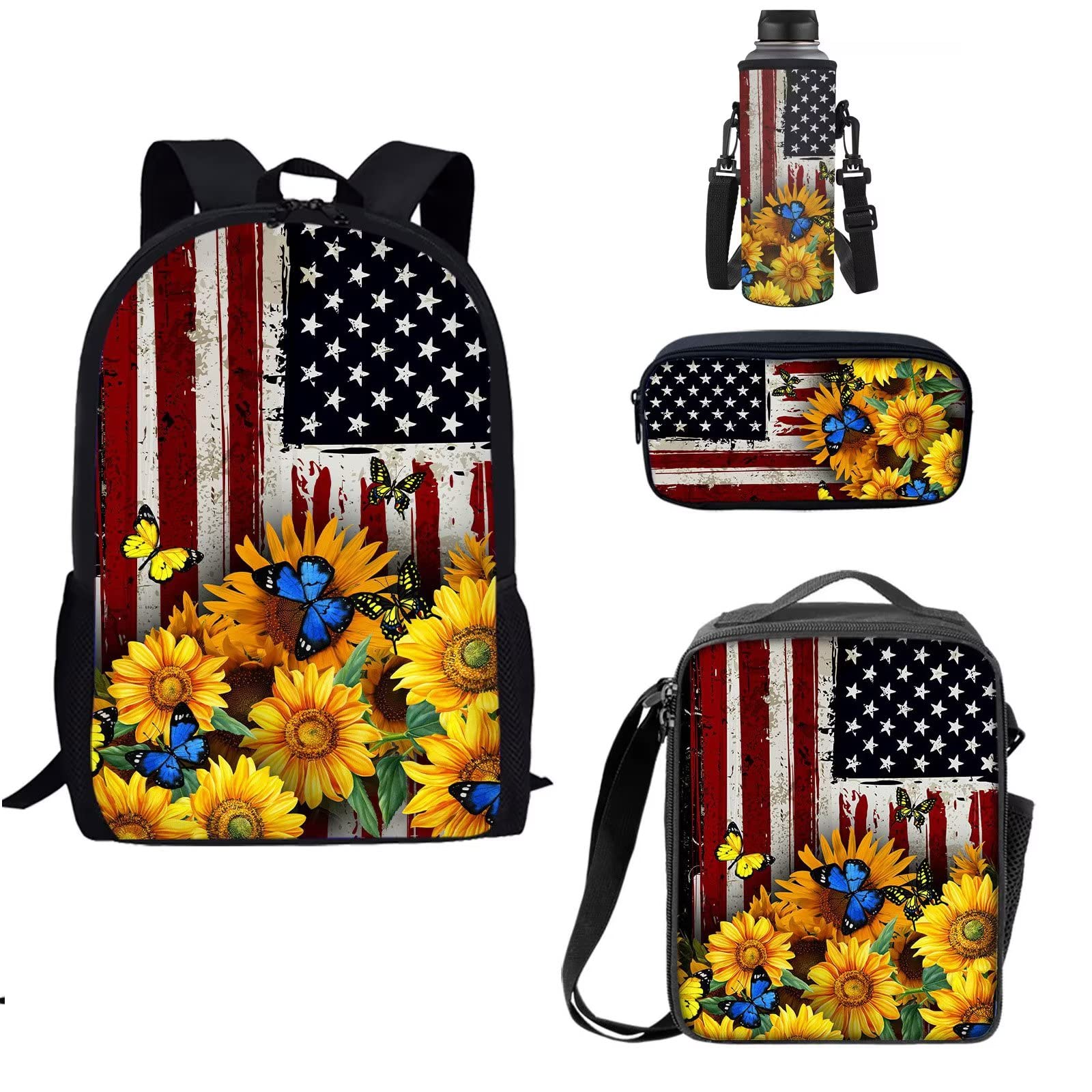 Coloranimal American Flag School Bag Kids Backpack Patriotic USA Sunflower Butterfly Bookbags for Girls Boys Children Daypack Lunch Box Pencil Case