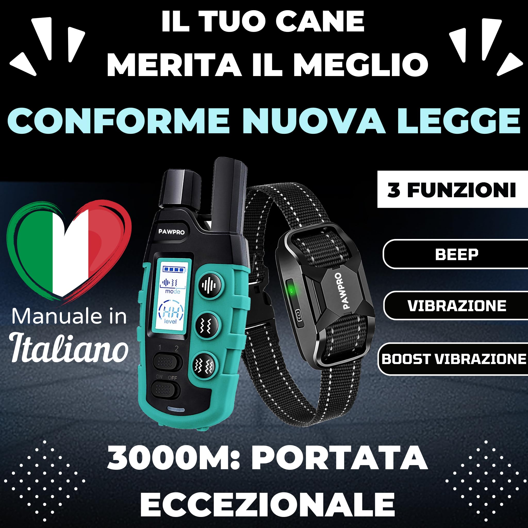 PAWPRO Collare da Addestramento per Cani | Portata XXL di 3000 m | Conforme Nuova Legge Benessere Animali 2024 | 3 moda Beep, Vibrazione, Boost Vibrazione | Per cani di Tutte le Taglie | Manuale IT