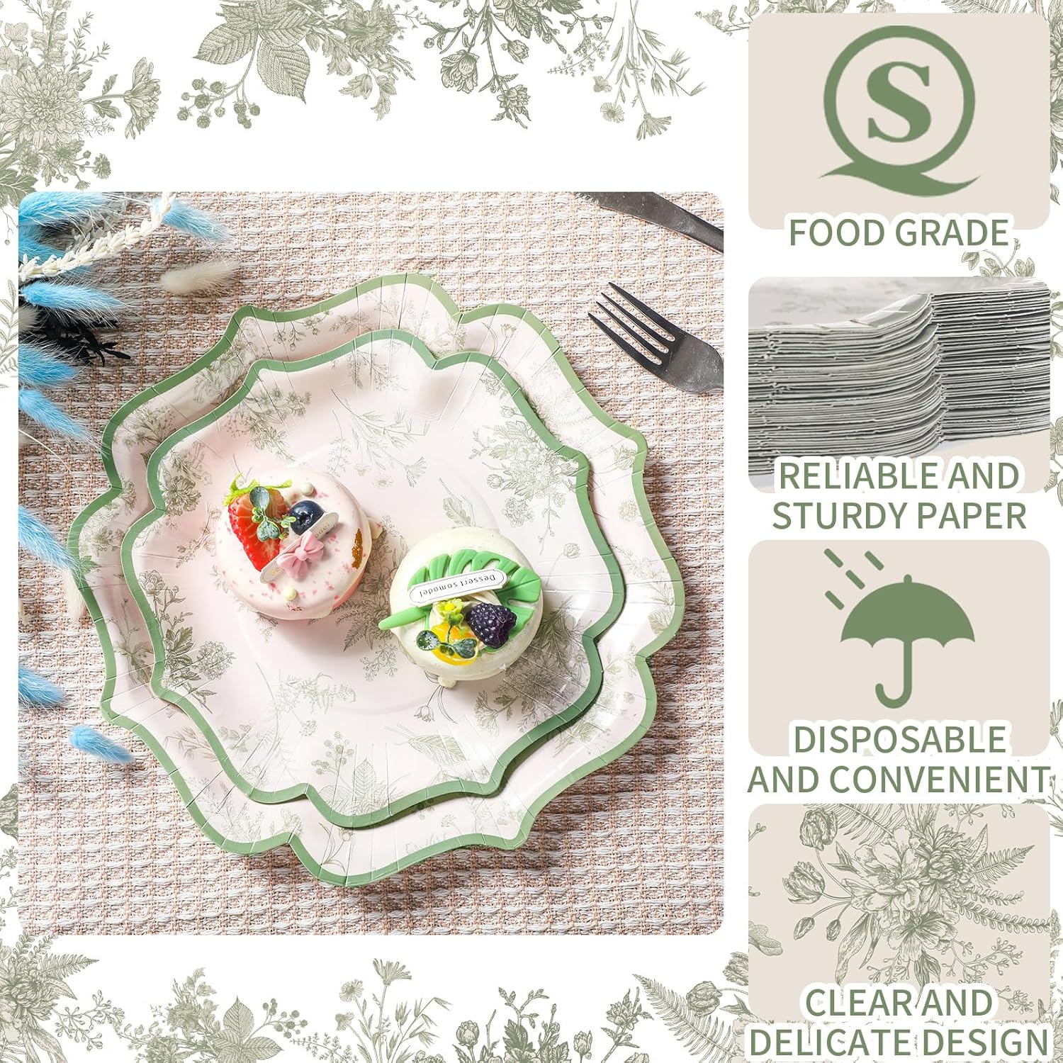 Havawish 100 Pcs Sage Green Disposable Plates Floral Green and White Paper Dessert Dinner Plates Bulk Set of 50 Guests 8 Inch 10 Inch for Birthday Wedding Bridal Tea Sage Party Supplies