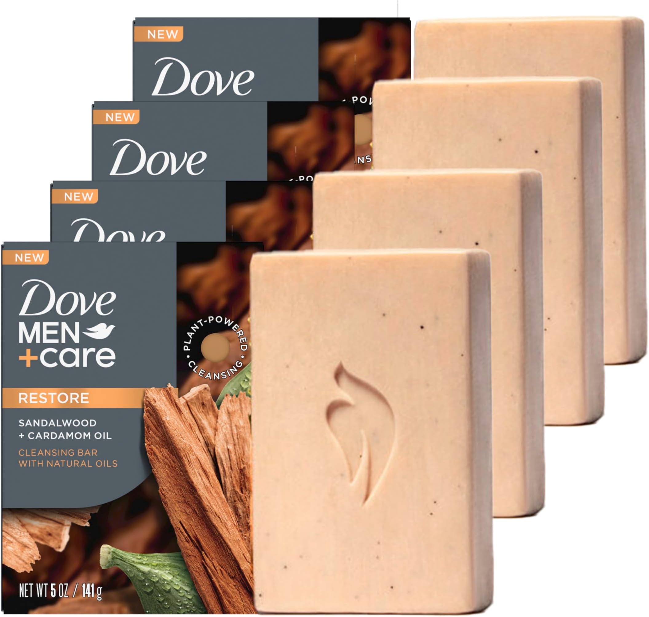 Dove Men+Care Cleansing Bar Soap Sandalwood + Cardamom Oil 4 Bars to Rebuild Skin in the Shower, a 4in1 Hair, Body, Face & Shaving Bar with Plant-Based Cleanser and Natural Oils 5 oz