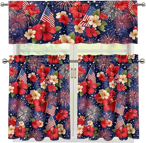 Miniatura 50 de Juego de 250 cortinas de cocina con bandera estadounidense para ventanas, fácil de instalar, cortinas cortas de 24 pulgadas con bolsillo para barra
