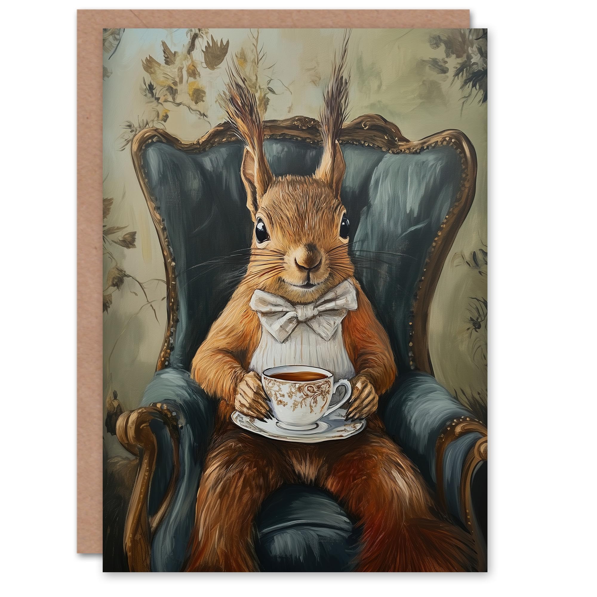 Artery8 Greeting Card Red Squirrel Bow Tie Tea Time Armchair Portrait For Child Kids Birthday Card