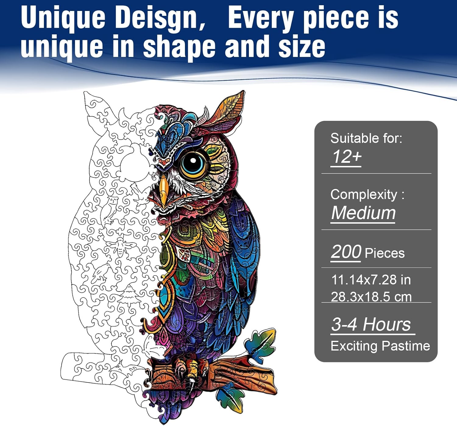 Wooden Puzzles for Adults, Unique Shaped Animal Jigsaw Puzzles, Owl Wood Puzzles Adult, Birthday Gifts for Adult and Kids, 200 Piece 11.2"×7.3"