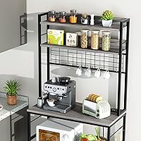Vista 6 de Shintenchi Estante de panadero con toma de corriente, gran espacio de almacenamiento, 10 ganchos, barra de café con panel de alambre metálico