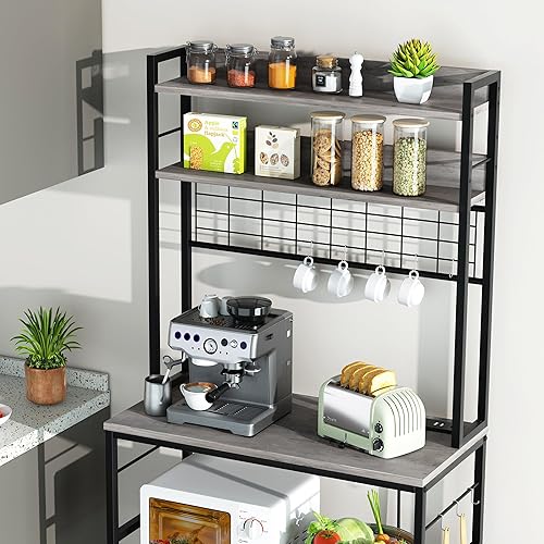 Miniatura 6 de Shintenchi Estante para panaderos con toma de corriente, gran espacio de almacenamiento, barra de café de 10 ganchos con panel de alambre de metal,