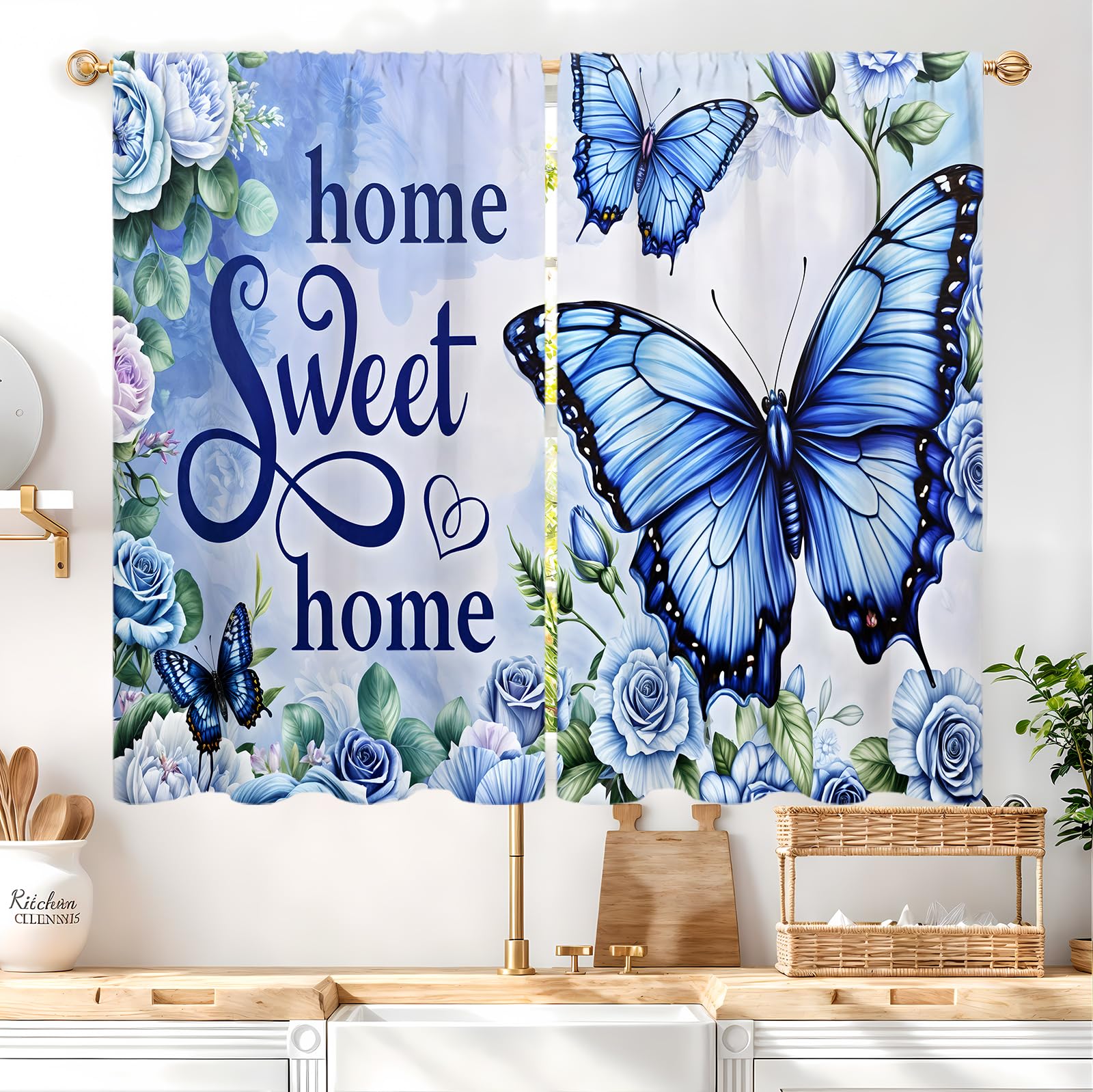 Famiffty Blue Floral Butterfly Kitchen Curtains 27.5W X 39L Inch 2 Panel Rod Pocket Farmhouse Flower Spring Home Sweet Small Short Cafe Tier Window