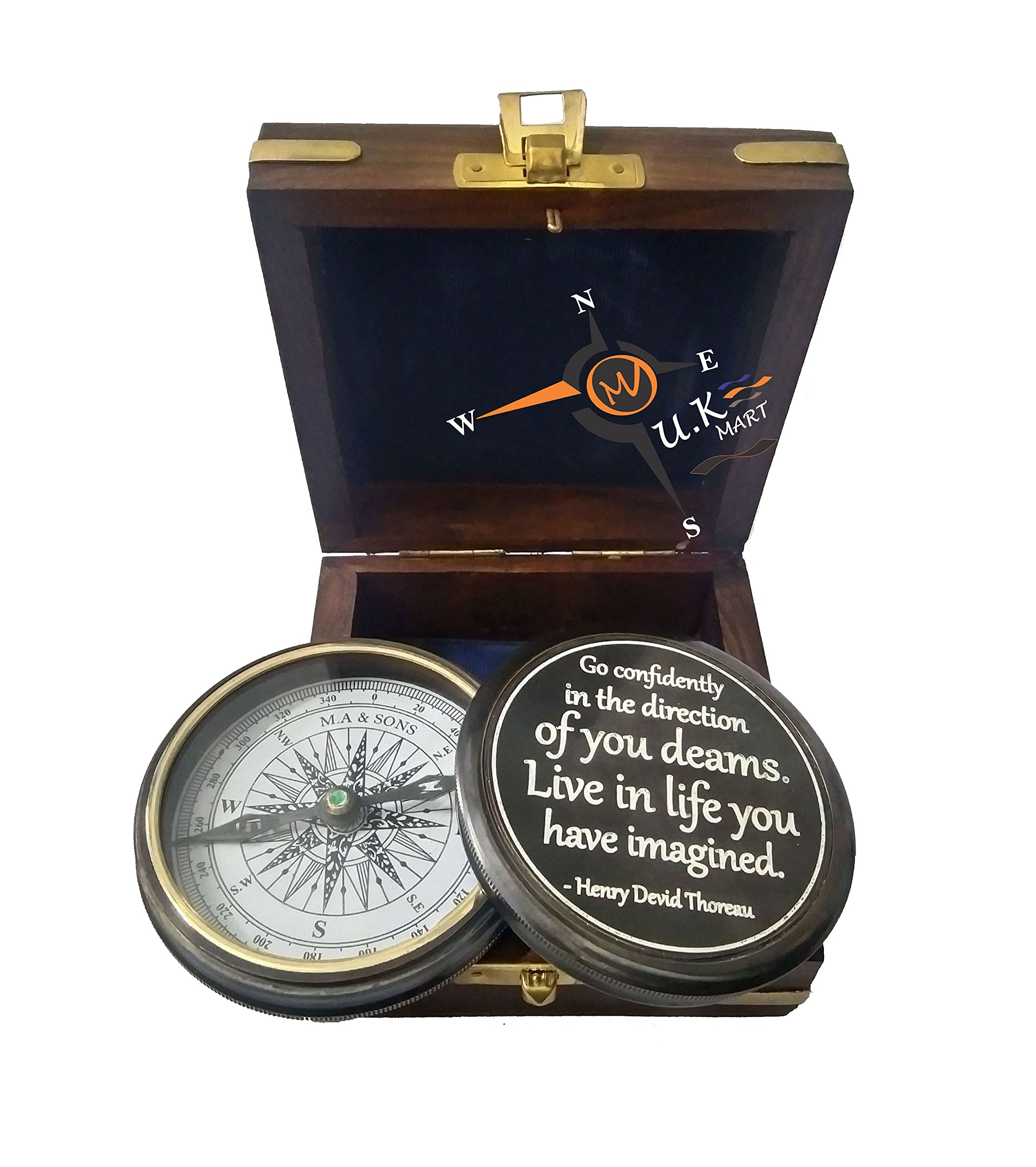 U.K MART Personalized Brass Compass Go Confidently in The Direction Quote, with Wooden Box-picture-30