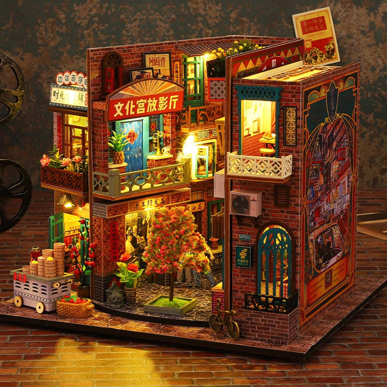 Model edukacyjny Zestaw do samodzielnego czytania książek, zestaw 3D drewnianego miniaturowego domku do wkładki do półki na książki Wystrój domu i książek z zabezpieczeniem przed kurzem, zestaw do dom