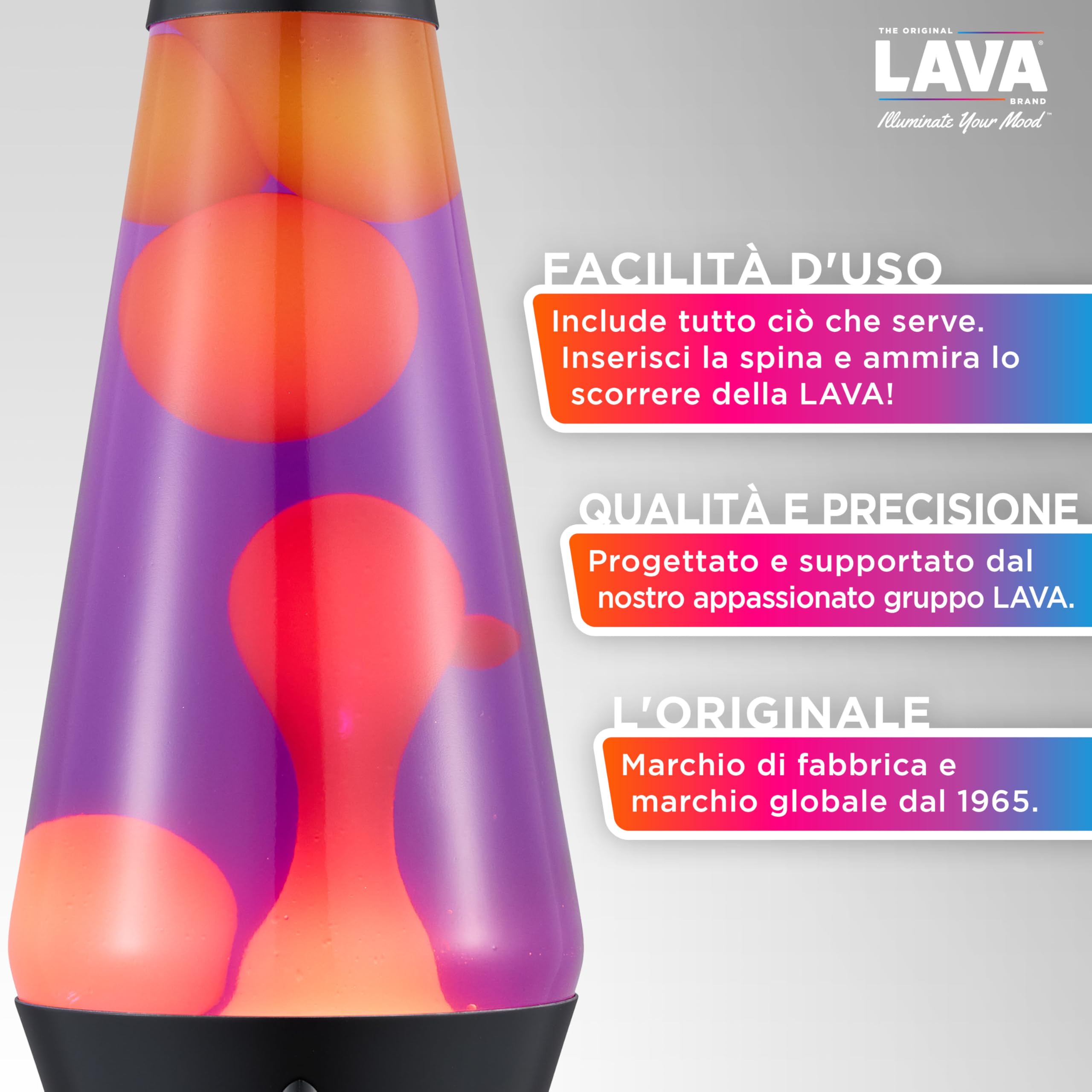 LAVA® - Lampada Lava Evenfall Rocket 2391, cera gialla, liquido viola, base decorativa, cappuccio e alette del razzo, lampada lava originale a marchio LAVA® da 14,5 pollici