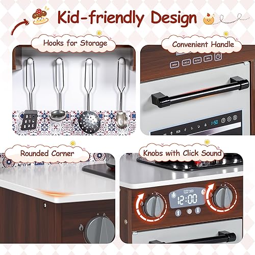 Miniatura 4 de Juego de cocina para niños de 2 piezas, juego de cocina de madera para niños pequeños, cocina modular con horno de estufa de luz y sonido, juguete