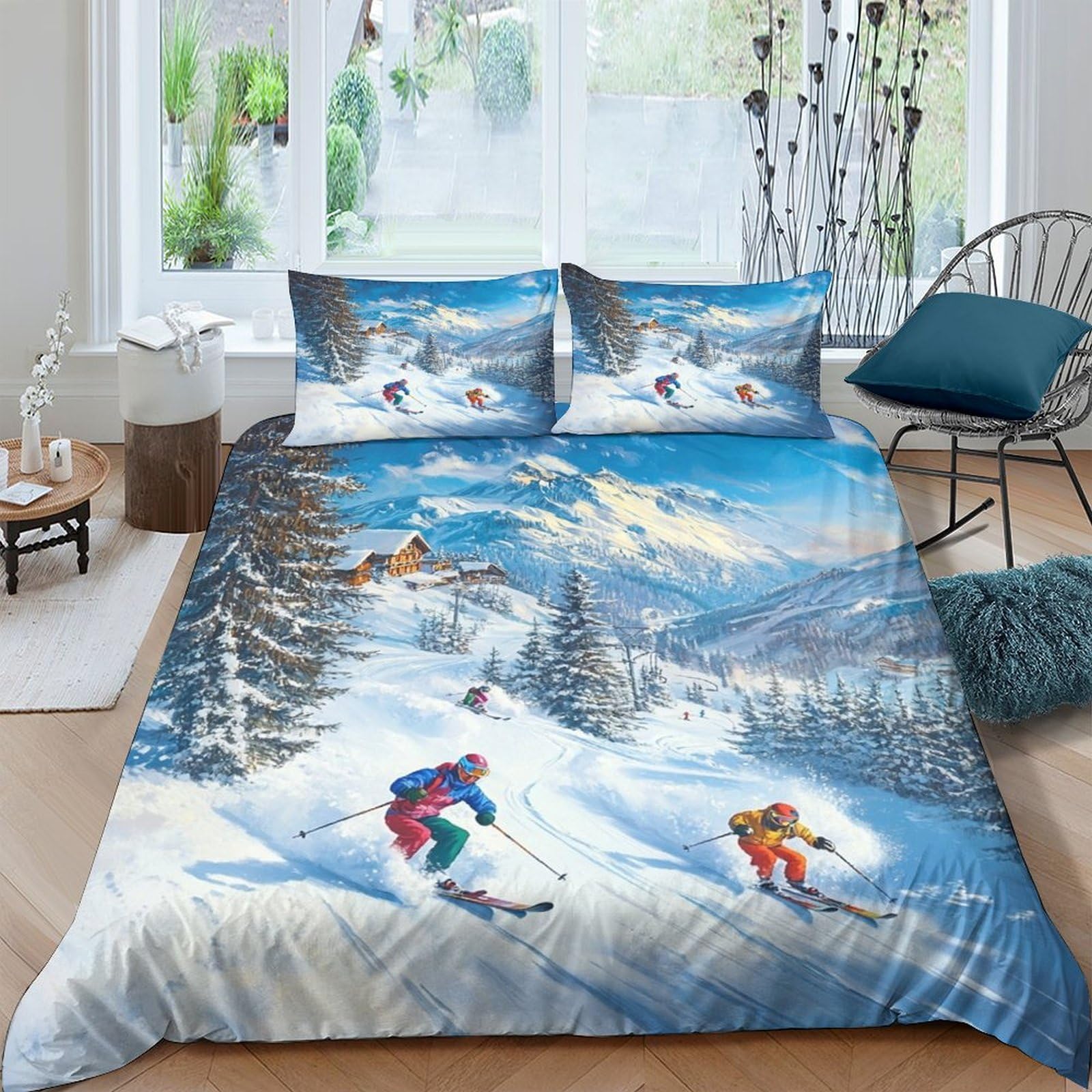 Ctjqhvkz Style-3 3D Printed Ski Resort Snow Mountain Fitted Sheet Microfiber Soft Bedding Winter Landscape Mattress Cover For Bedroom Guest Room Decor Single（135X200cm）
