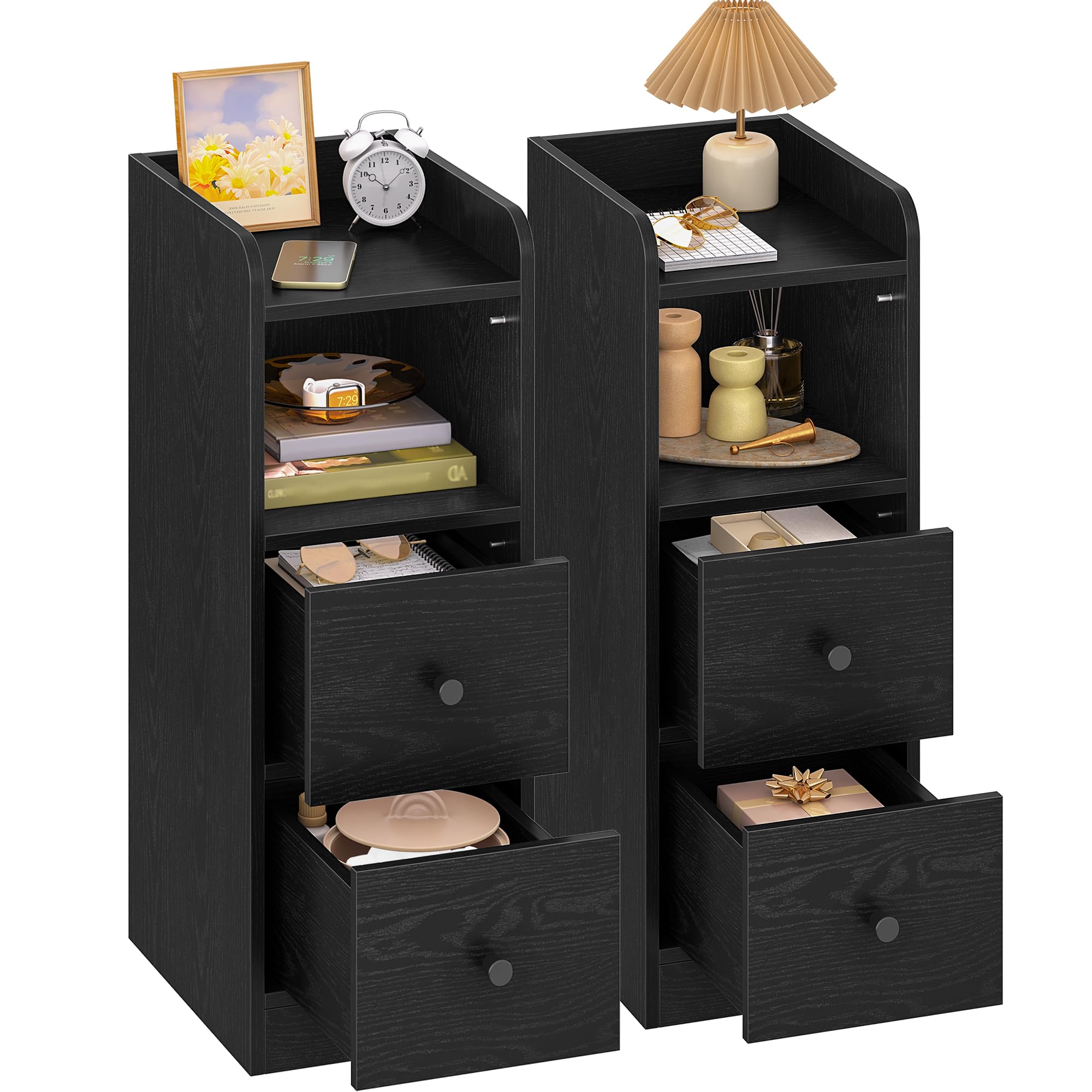 Hzuaneri Mesilla de Noche de 2, Mesas Auxiliares con 2 Cajones, Negro | Protector Superior, para Espacios reducidos, para Dormitorio, Salón, 30 x 24 x 65 cm, NS62204X